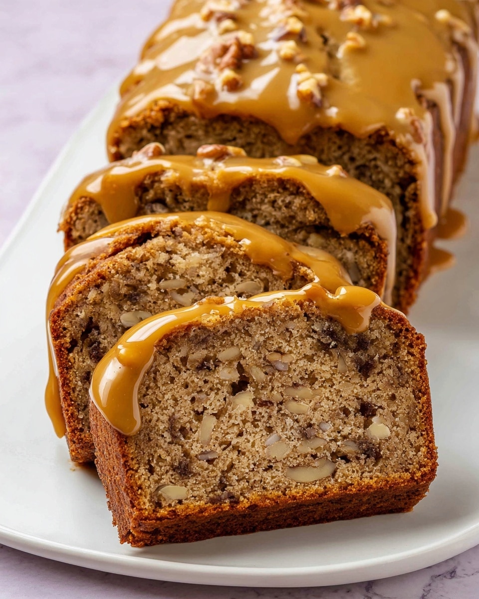 The image shows a sliced loaf cake with a thick caramel-colored glaze dripping down the top and sides. The loaf has three visible slices stacked on a white plate, with the front slice showing a dense texture filled with irregular pieces of walnuts. The cake itself is light brown with darker brown walnut chunks evenly spread inside. The glaze is shiny and smooth, creating thick, rounded stripes that hang slightly over the edges of each slice. The cake sits on a white marbled surface. photo taken with an iphone --ar 4:5 --v 7