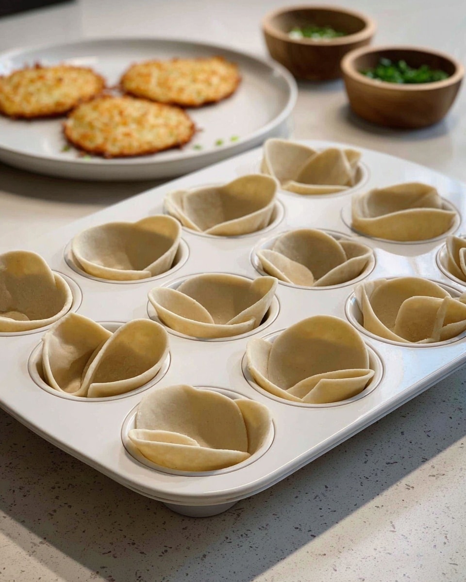 A white muffin tray filled with 12 taco shell dough pieces, each shaped into a cup form with soft beige color and smooth texture, showing some folds and curves. Behind the tray on a white marbled surface are two round golden-brown hashbrowns on a white plate, two small wooden bowls with chopped green herbs, and a white bowl holding shredded brown and red meat. The lighting is soft and natural. Photo taken with an iphone --ar 4:5 --v 7