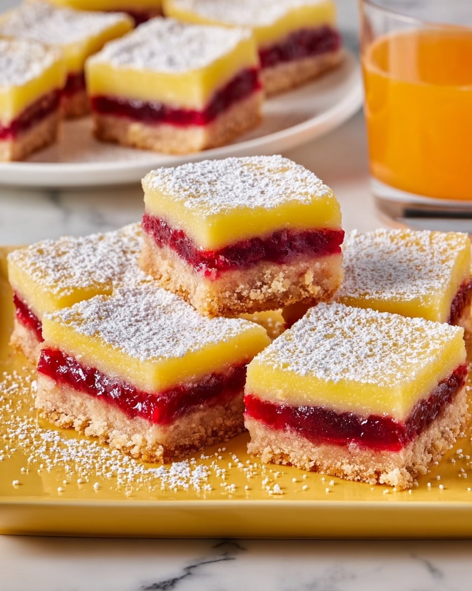 A yellow rectangular plate holds five square dessert bars, each with three clear layers. The bottom layer is light brown and crumbly, the middle layer is a bright red, glossy fruit filling, and the top layer is a smooth yellow custard-like topping. Powdered sugar is lightly dusted over the top of each bar and the plate. The background shows another white plate with similar bars and a glass of orange liquid on a white marbled surface. photo taken with an iphone --ar 4:5 --v 7