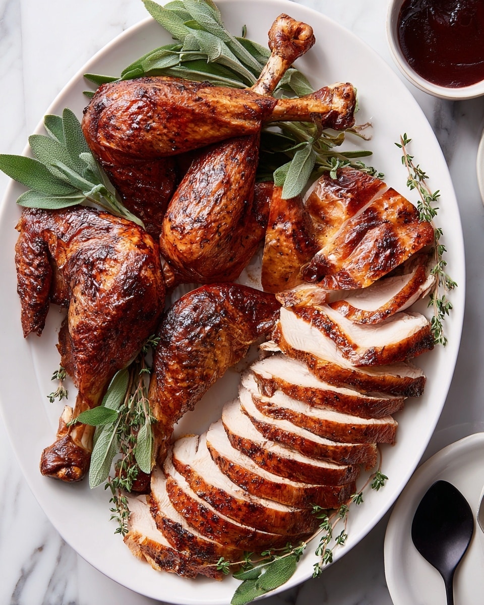 A white oval plate holds several pieces of roasted turkey with a rich brown, crispy skin. There are three main sections: two drumsticks crossed near the center left, a turkey wing positioned behind them, and several thick slices of turkey breast arranged in a neat line on the right side. The turkey meat inside is light beige, contrasting with the dark brown outer skin. Fresh green sage and thyme sprigs are placed under and around the turkey pieces, adding a natural green touch. The plate sits on a white marbled surface. In the top right corner, a white bowl with dark red sauce and a black spoon handle is partially visible. Photo taken with an iphone --ar 4:5 --v 7