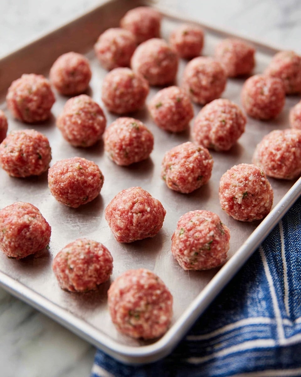 The image shows a metal baking tray filled with evenly spaced, small round raw meatballs. Each meatball has a grainy texture with visible bits of herbs and spices mixed in, giving a slightly rough surface. The meatballs are pinkish-red with pale flecks throughout. The tray sits on a blue and white cloth, all set on a white marbled texture surface. Photo taken with an iphone --ar 4:5 --v 7