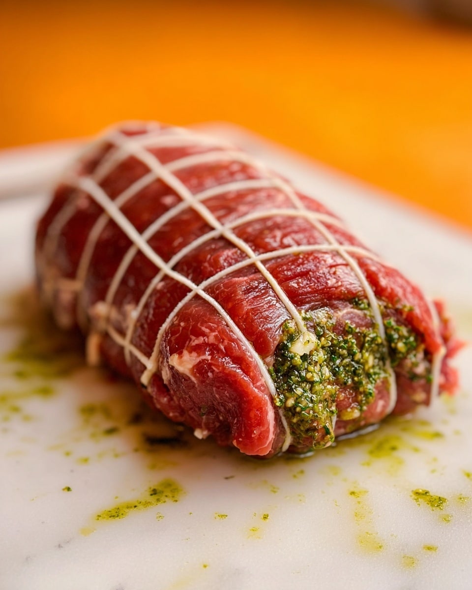 A rolled piece of raw meat tied with white string lies on a white plate with small green sauce smudges. The meat is stuffed with a bright green pesto-like filling, visible where the roll end is cut. The roll's surface is slightly wet and shiny with a rich red color, and the white strings cross over it in a grid pattern. The background has a blurred warm yellow tone, and the plate is placed on a white marbled surface. photo taken with an iphone --ar 4:5 --v 7