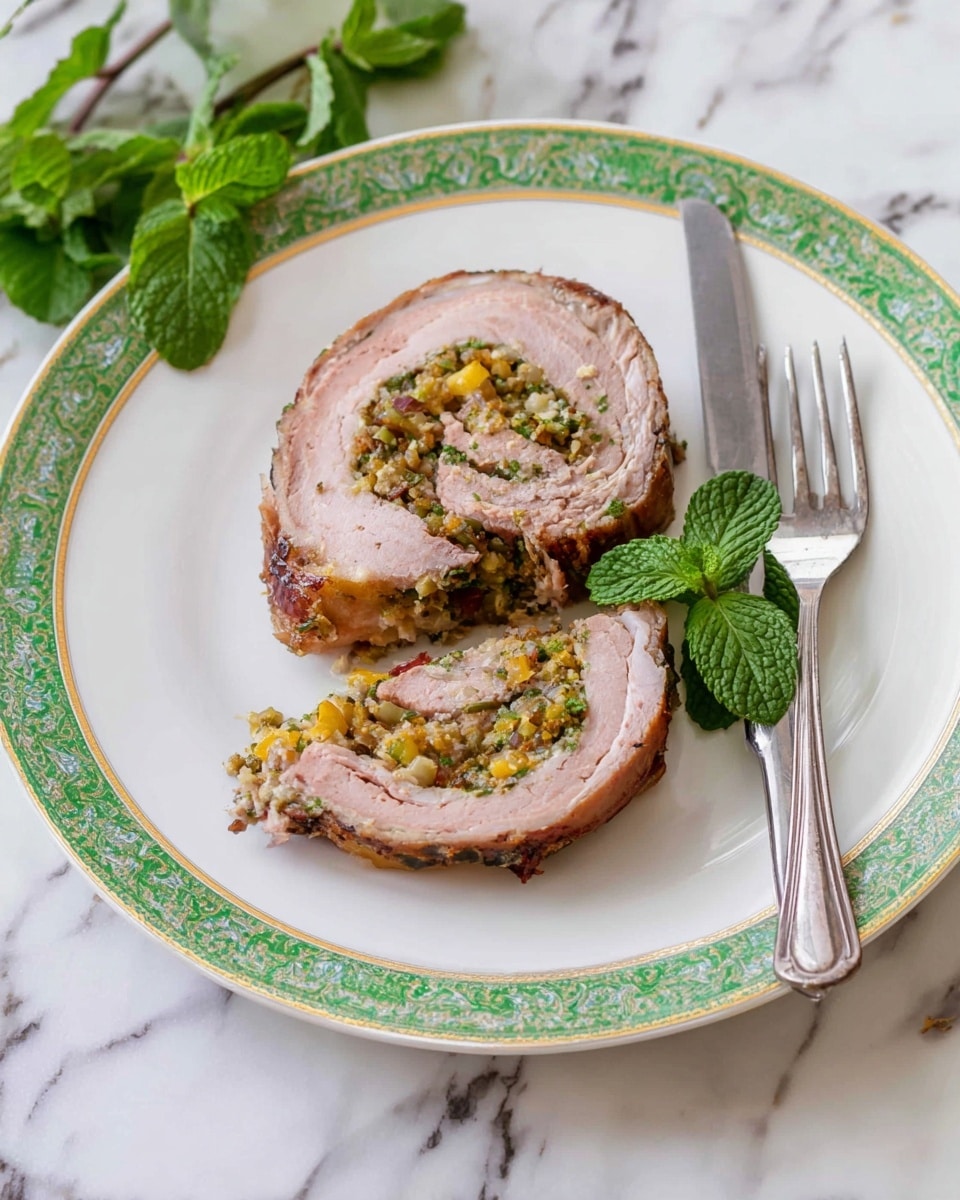 A thick slice of rolled meat with a light brown outer layer and a pinkish middle is placed in the center of a white plate with a green and gold decorative border. Inside the meat roll, there is a textured stuffing that is yellow and green with small chunks, running through the middle layer. To the right side of the plate, a silver fork rests with its handle near the bottom right corner. Fresh green mint leaves are placed on the white marbled surface behind the plate, adding a pop of color. The photo is taken with an iphone --ar 4:5 --v 7