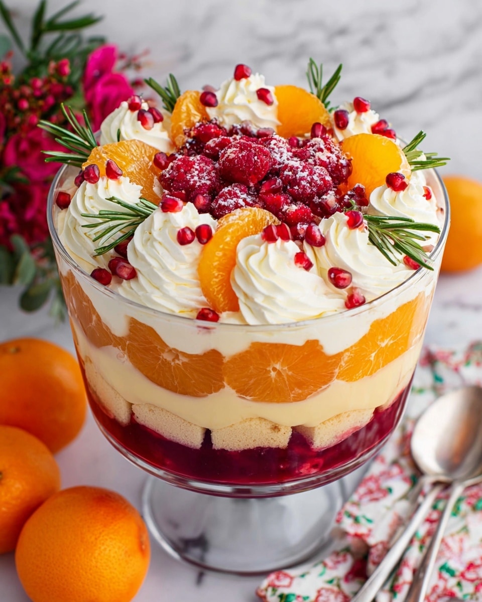 A tall glass bowl holds a layered trifle dessert. The bottom layer is a deep red jelly filled with fruit pieces. On top of the jelly is a thick orange layer made of orange slices arranged closely together. Above the orange layer is a white creamy layer that looks smooth and soft. The top of the trifle is decorated with six large swirls of white cream, scattered red raspberries and pomegranate seeds, round orange slices, and small sprigs of green rosemary. The bowl sits on a white marbled surface with oranges and a white floral cloth nearby. Photo taken with an iphone --ar 4:5 --v 7