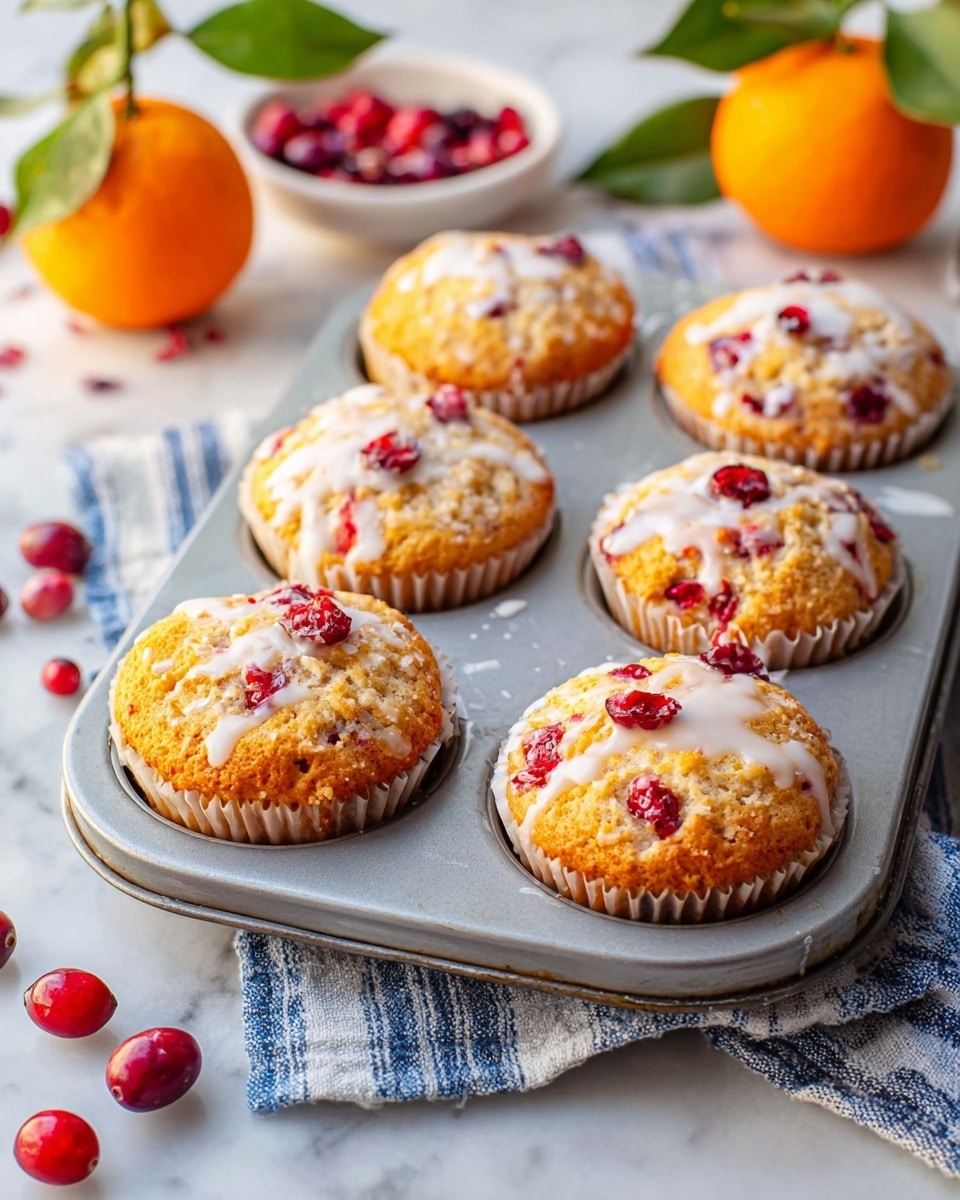 Six muffins sit in a light grey metal muffin tray, each muffin topped with white glaze and dotted with bright red cranberries. The muffins have a warm golden brown color with a rough texture. Around the tray, there are loose cranberries and two whole bright orange tangerines with green leaves on a white marbled surface. A white bowl with some cranberries is in the background, and a folded blue and white striped cloth is beneath the tray. The light is soft and natural, creating a fresh and cozy look photo taken with an iphone --ar 4:5 --v 7