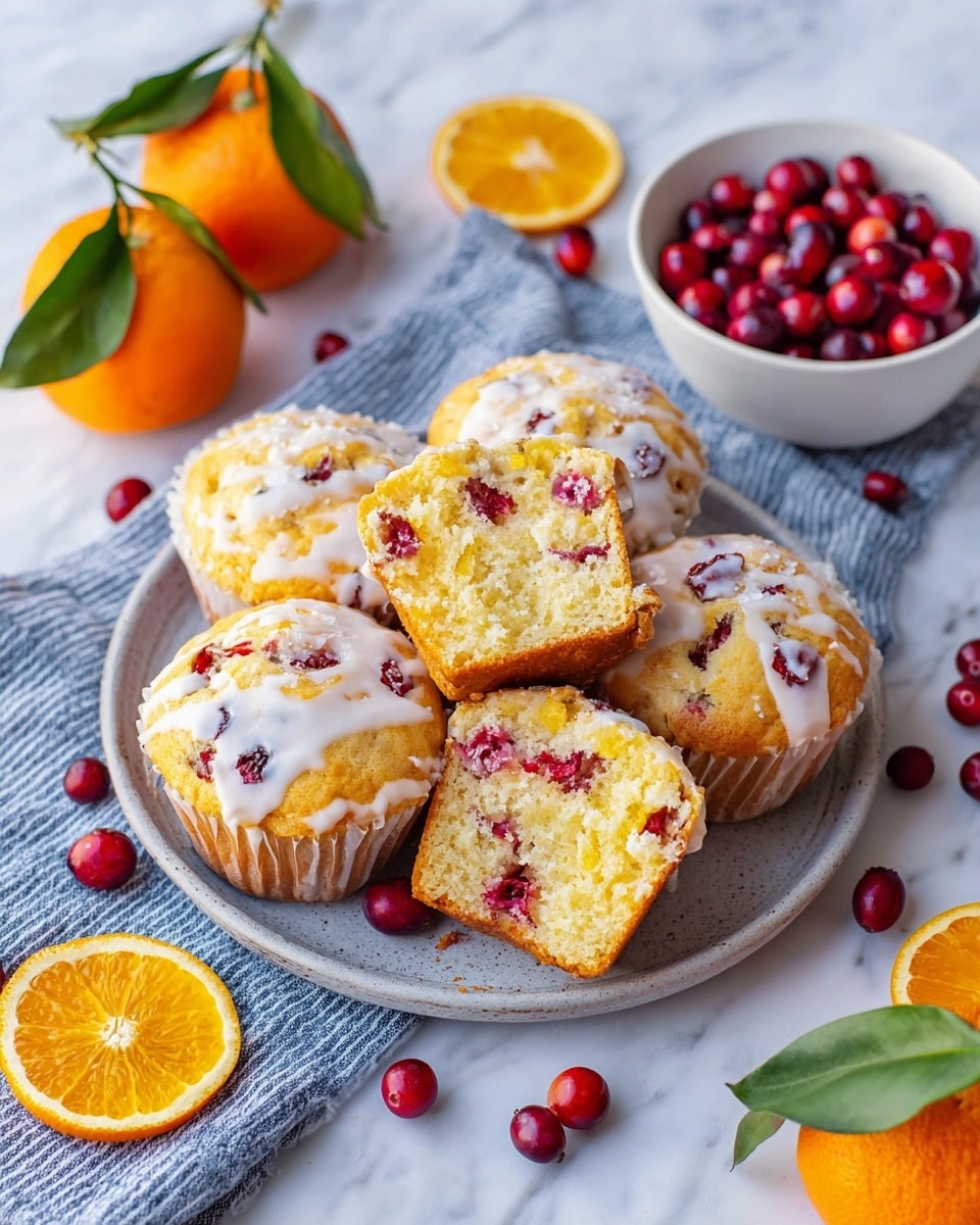 The image shows six orange and white muffins with bright red berries on top, placed in a round tray with a light wood texture and light blue metal handles. The muffins have white paper liners and a drizzle of white icing on top, with the berries scattered throughout the muffin tops. The tray sits on a blue and white striped cloth on a white marbled textured surface. To the left, there are two whole oranges with green leaves and an orange slice, and in the background, there is a white bowl with blue spots partially visible. photo taken with an iphone --ar 4:5 --v 7