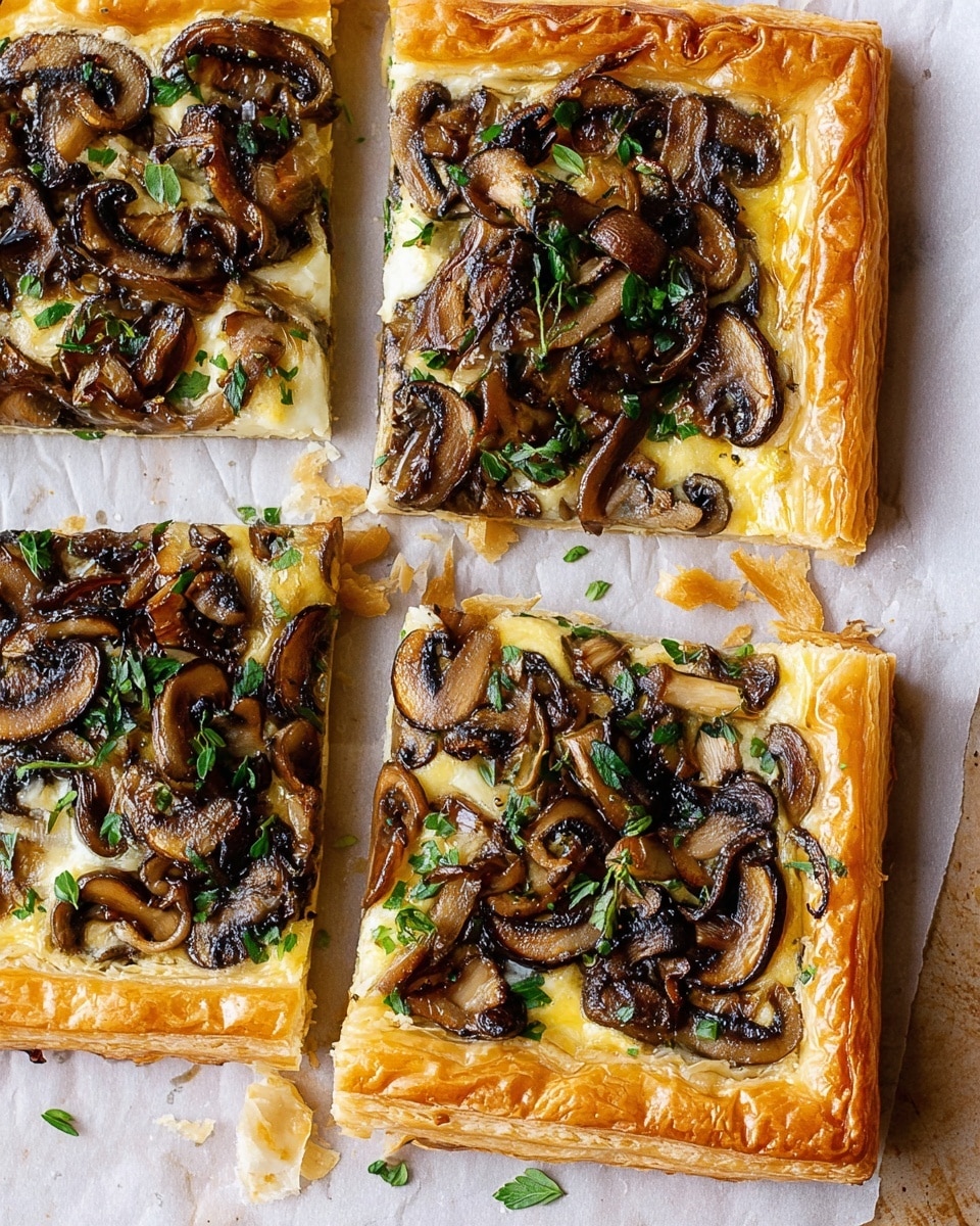 The image shows four square pieces of golden-brown puff pastry arranged closely on a white marbled surface with a sheet of light parchment paper underneath. Each puff pastry square has three visible layers: a flaky, crispy outer crust with a shiny golden hue, a creamy light yellow layer beneath it, and a thick topping of cooked, caramelized dark brown mushrooms with some hints of darker char marks scattered evenly. Small chopped green herbs are sprinkled over the mushrooms, adding a fresh color contrast. The edges of the puff pastry are puffed and crisp, with some loose flaky pieces around the tart. photo taken with an iphone --ar 4:5 --v 7
