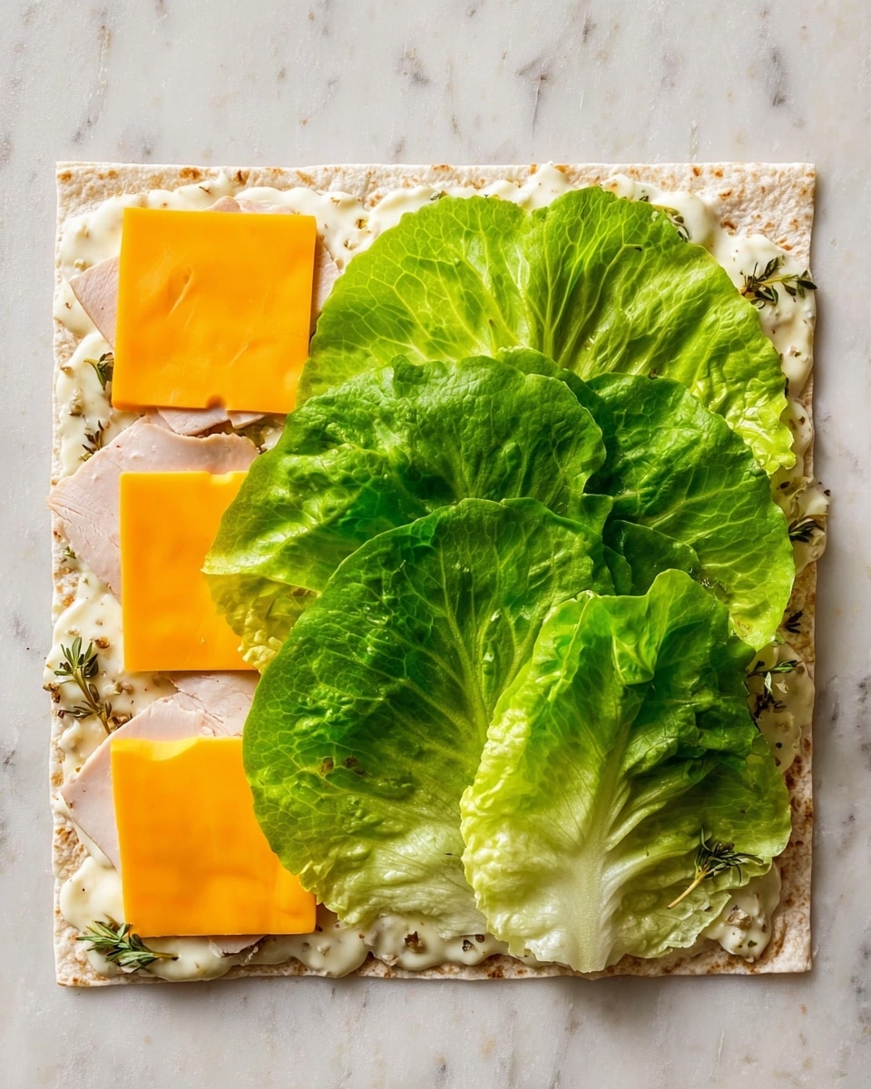 A flat rectangular wrap spread with a white sauce that has small green and brown herbs mixed in covers the top layer. Below the sauce layer are thin slices of light brown turkey arranged flat, followed by two square slices of bright orange cheddar cheese placed side by side on the left half of the wrap. The top layer consists of fresh, bright green butter lettuce leaves with visible veins and soft texture, placed evenly with four large leaves covering most of the cheese and turkey. The wrap is placed on a white marbled surface, and the photo is taken from above. photo taken with an iphone --ar 4:5 --v 7