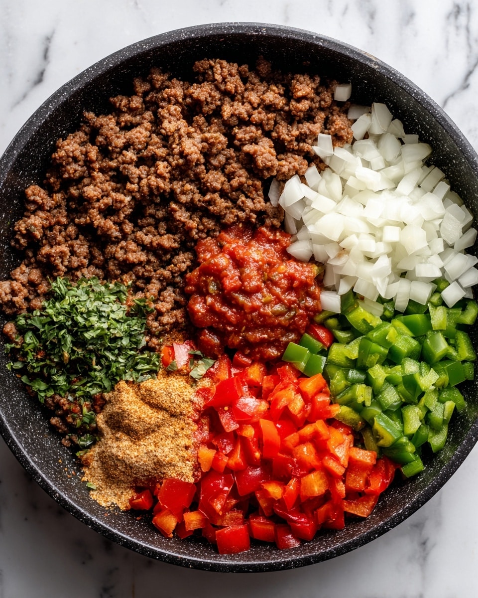A black round pan filled with separate piles of ingredients layered inside: at the top, cooked ground meat with a crumbly texture and dark brown color; next to it on the right, chopped white onions with a fine, cube shape; below the onions, a small mound of red salsa with visible herbs; in the center, a light brown powdery spice; to the left, diced green and red bell peppers with vibrant, fresh colors. The pan is placed on a white marbled surface. Photo taken with an iphone --ar 4:5 --v 7