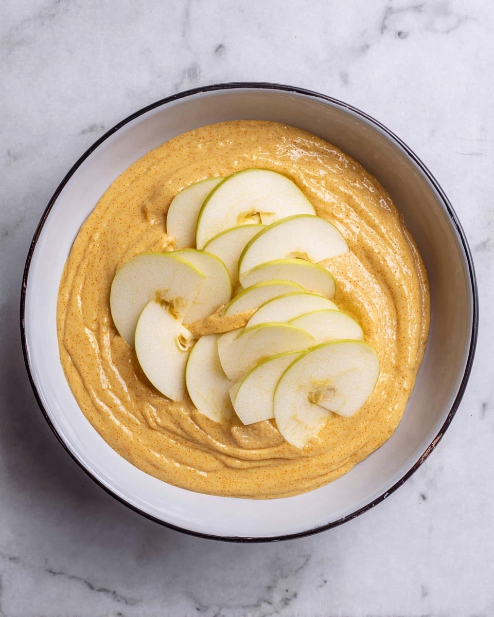 The image shows a thick rectangular slice of apple cake with many thin layers of soft pale yellow apple slices stacked evenly inside a light golden brown crust. The top layer is made of slightly browned apple slices arranged neatly with a smooth, shiny texture. The cake sits on crumpled white paper next to a wooden-handled kitchen tool on the left and two red apples on the upper right. The background is a white marbled texture. Photo taken with an iphone --ar 4:5 --v 7