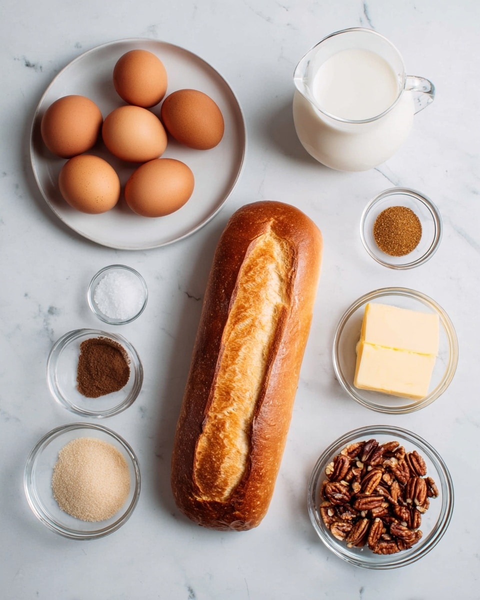 The image shows a white rectangular baking dish filled with six rows of evenly stacked, light brown bread slices. Each slice has a golden crust on top and a soft, textured interior. The bread layers cover the entire dish in neat rows, creating a uniform pattern. The surface underneath the dish is a white marbled texture. A small label in the top right corner reads 