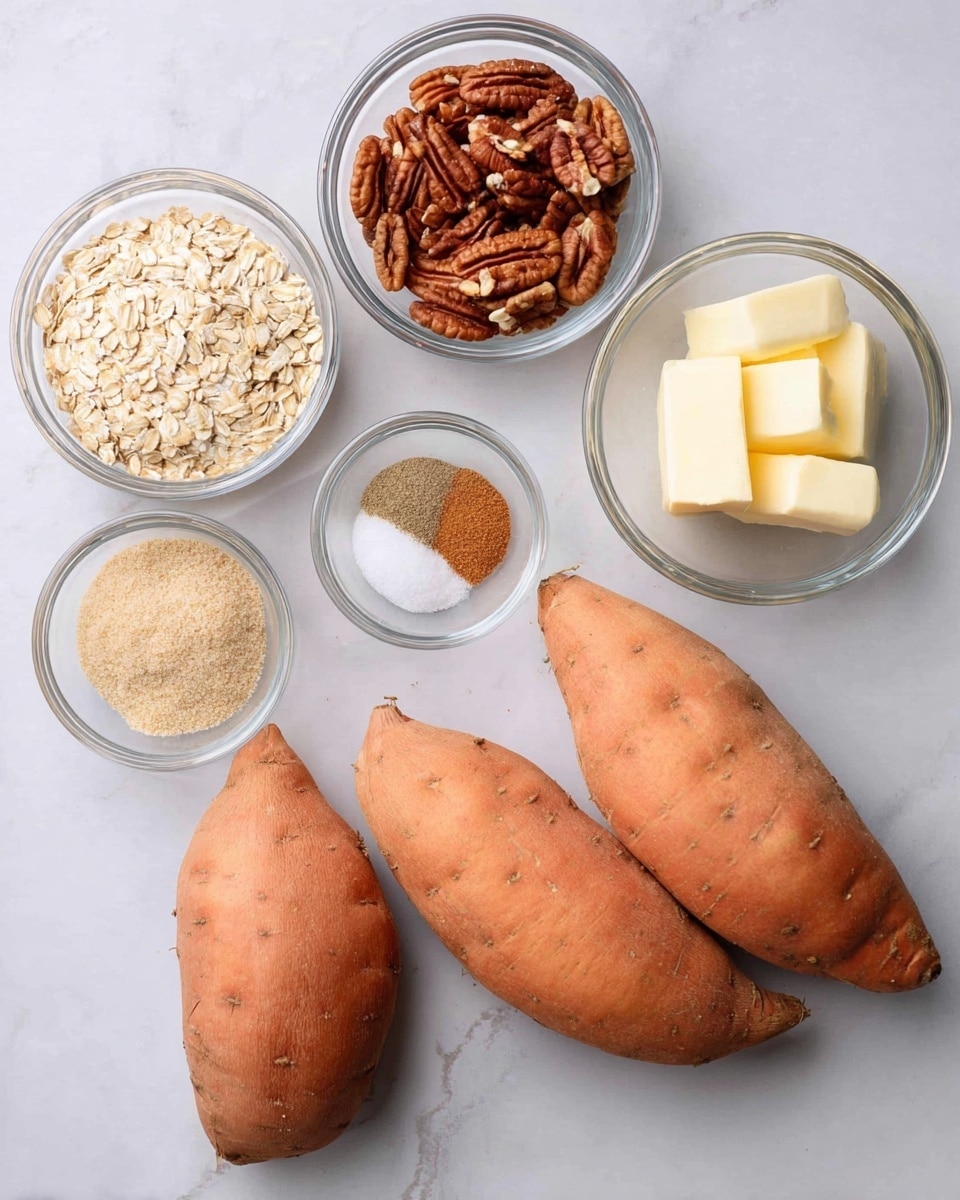 A clear glass bowl sits on a white marbled surface, holding a mixture with three main layers: the bottom layer is rough mashed bright orange sweet potatoes spread across the bowl; on top of this is a mound of light brown sugar in the center; and to one side of the bowl is a pale yellow chunk of butter. Around the brown sugar, there are scattered small piles of granulated white sugar, white salt, and dark brown ground cinnamon. The textures contrast between the soft mashed sweet potatoes, the grainy sugars, and the solid butter. photo taken with an iphone --ar 4:5 --v 7