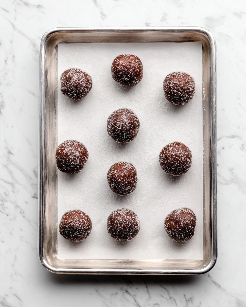 A metal baking tray lined with white parchment paper holds nine round dough balls spaced evenly apart. Each dough ball is dark brown with a slightly rough texture and is coated with a light dusting of white sugar crystals. The tray is placed on a surface with a white marbled texture. photo taken with an iphone --ar 4:5 --v 7