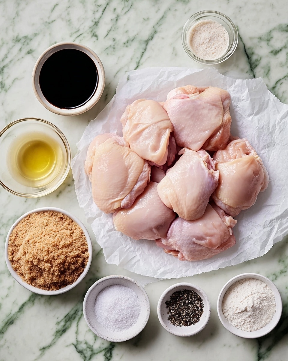 A top view of a pile of raw, pale pink chicken thighs with smooth, slightly shiny texture placed on white parchment paper in the center. Around the chicken are small white bowls and dishes holding various ingredients including a pile of light brown sugar with a grainy texture, a dark liquid soy sauce in a clear glass, a pale yellow liquid in a small white bowl, a dish of white powder flour, and tiny black and white dishes with fine white and beige spices. All of this is set on a white marbled surface. photo taken with an iphone --ar 4:5 --v 7