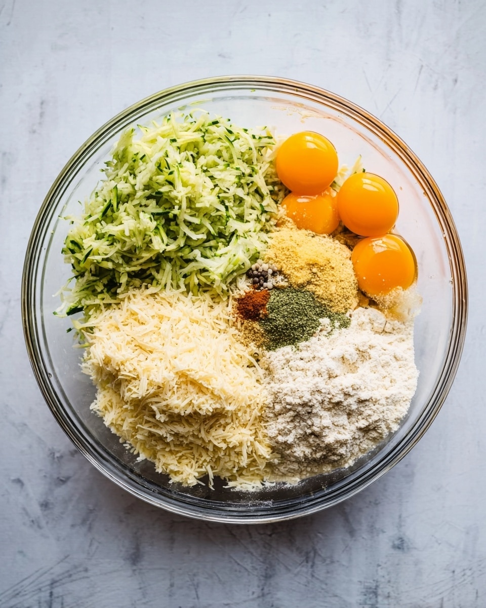 A clear glass bowl holds several ingredients arranged in separate piles: bright green shredded zucchini at the top left, four bright orange egg yolks grouped together at the top right, light beige chopped onions just below the yolks, a large mound of finely grated pale yellow cheese at the bottom left, and a heap of white flour and breadcrumbs on the bottom right. In the center of the bowl, there is a small dollop of mustard and a mix of black pepper and other spices. The bowl is set on a white marbled surface. photo taken with an iphone --ar 4:5 --v 7