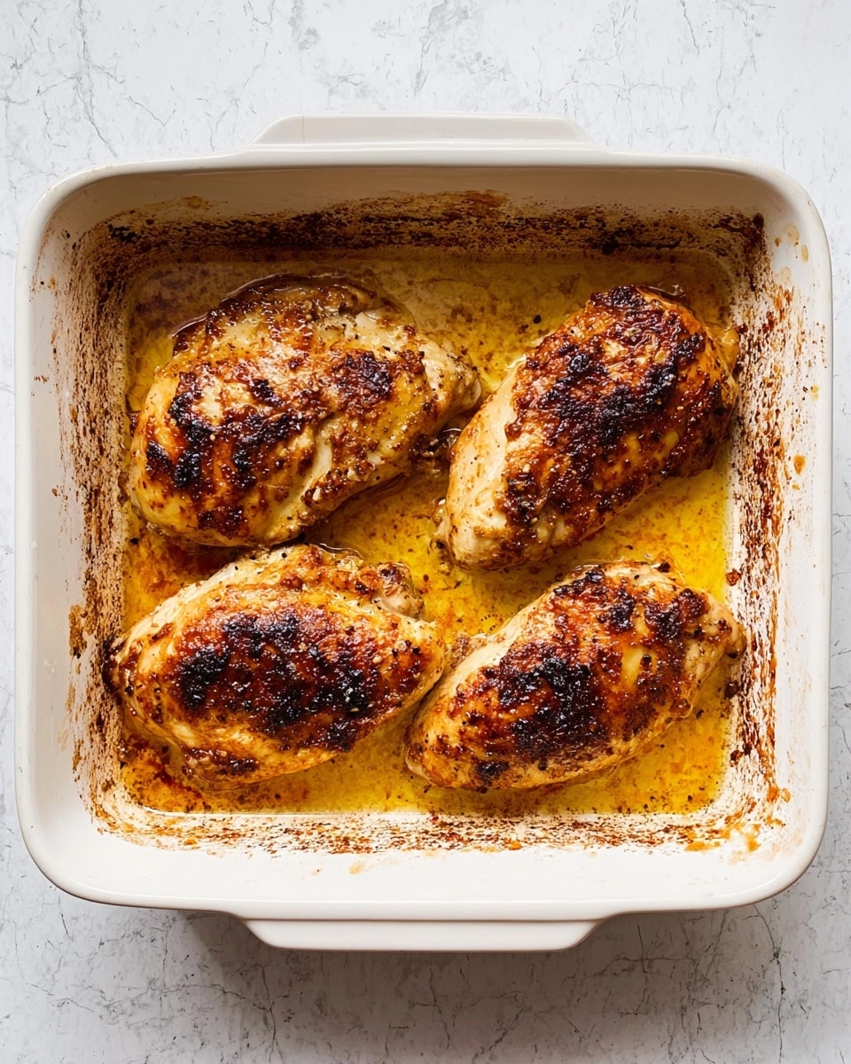 The image shows a white rectangular baking dish with four cooked chicken pieces placed side by side. Each chicken piece has a golden brown, slightly crispy surface with darker browned spots and a lightly oily sheen from cooking juices that pool around the chicken in the bottom of the dish. The edges of the dish show some browned cooking marks, adding to the cooked appearance. The background is a white marbled surface. Photo taken with an iphone --ar 4:5 --v 7