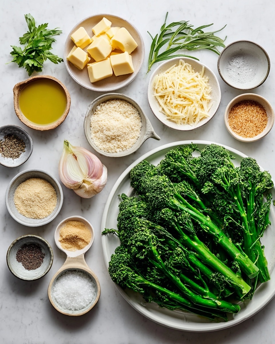 A spread of various fresh and prepared ingredients arranged neatly on a white marbled surface. On the right, a large white plate is filled with vibrant green broccolini, its stalks thick and florets dense. Surrounding it are small white and gray bowls holding pale yellow butter cubes, light beige flour, golden olive oil, shredded pale yellow cheese, white breadcrumbs, thinly sliced light purple shallots, chopped garlic, a dollop of grainy mustard, and light brown seasoning powder. There are also fresh green herb sprigs placed to the far left, beside small bowls of salt and cracked black pepper. photo taken with an iphone --ar 4:5 --v 7