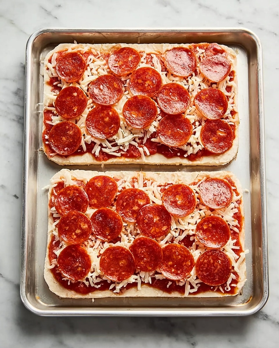 The image shows two small square pizzas on a metal baking tray placed on a white marbled surface. Each pizza has three layers: the bottom layer is a light beige dough crust, slightly rough in texture; the middle layer is bright red tomato sauce spread evenly; the top layer is shredded white cheese scattered in thin strands and covered with many round slices of pepperoni, which are reddish-brown with small bits of white fat. The pepperoni slices almost cover the entire top on each pizza. Photo taken with an iphone --ar 4:5 --v 7