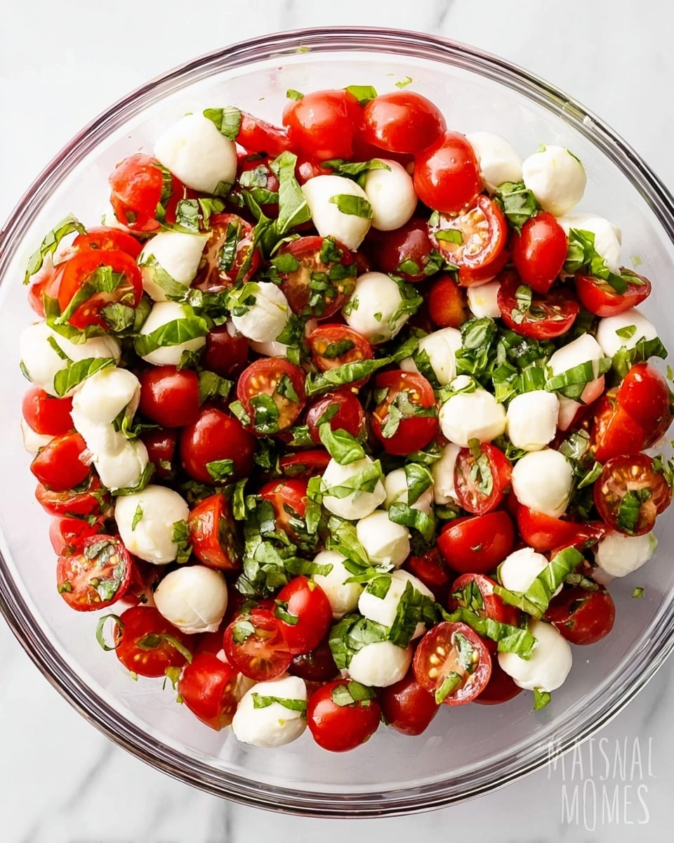 A clear glass bowl filled with a bright and colorful salad, showing three layers mixed together: small red cherry tomatoes halved, white mozzarella balls cut into pieces, and fresh green basil leaves roughly torn. The bowl sits on a white marbled surface. The tomato halves display their juicy interiors, the mozzarella has a smooth and soft texture, and the basil leaves add a leafy, slightly crinkled look scattered evenly throughout. The overall appearance is fresh, vibrant, and summery. photo taken with an iphone --ar 4:5 --v 7