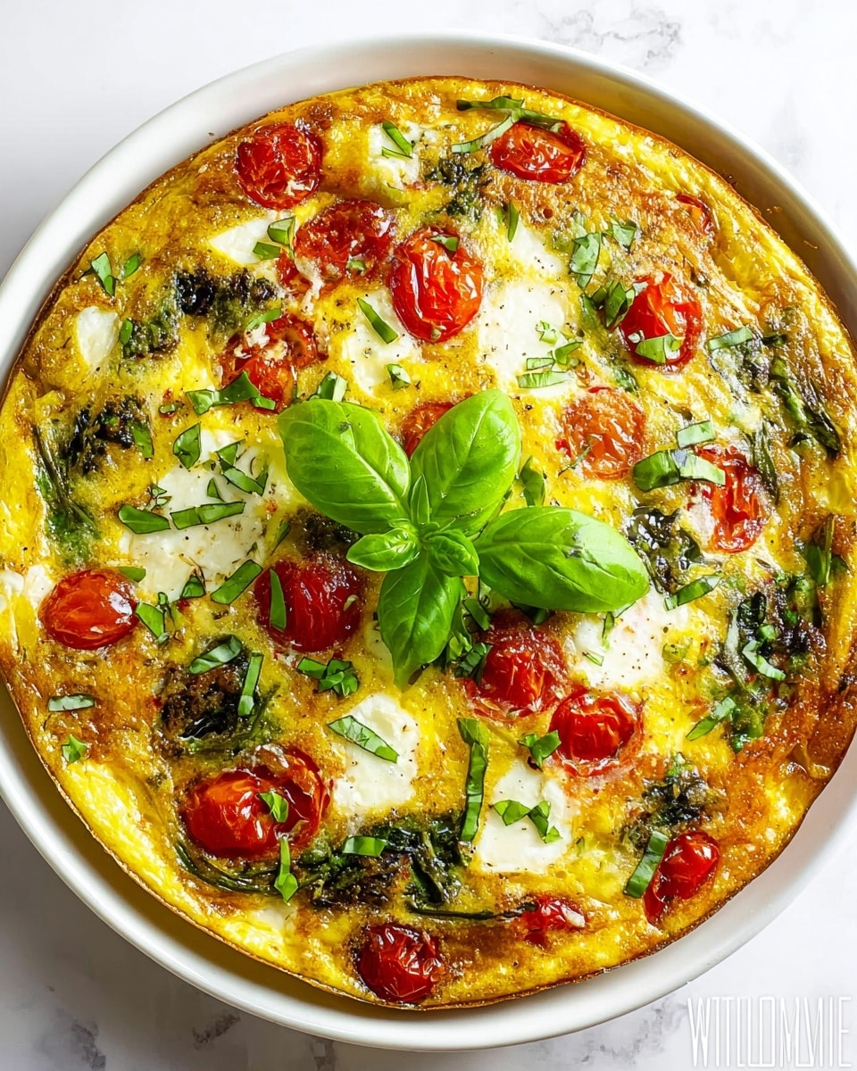 A slice of frittata is shown on a white plate with a white marbled surface background. The frittata has three clear layers: a light yellow, fluffy egg base at the bottom, a creamy white layer with soft cheese in the middle, and a top layer filled with red tomato pieces and green basil leaves with a slightly golden crust. The frittata slice is garnished with fresh green basil leaves and halved cherry tomatoes beside it. The textures range from fluffy and smooth in the egg and cheese to slightly crisp on the top with moist tomato chunks. Photo taken with an iphone --ar 4:5 --v 7