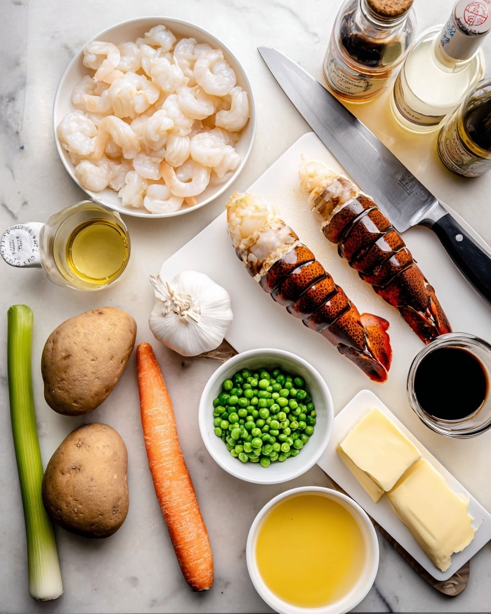 The image shows a white bowl filled with three types of seafood: small white shrimp on the left, light beige scallops in the middle, and two lobster tails with a dark reddish-brown shell on the right. Below the bowl is a white cutting board on a white marbled surface, holding a peeled orange carrot, a celery stalk, a whole brown potato, and a pile of chopped white onions next to a large knife with a black handle. Near the cutting board, there is a bulb of garlic, a small bowl of bright green peas, a white dish with melted yellow butter, a block of solid butter, and a sheet of pale yellow dough. To the right, various bottles and containers hold light yellow cooking oil, milk, dark soy sauce, and another dark sauce in an open jar. photo taken with an iphone --ar 4:5 --v 7