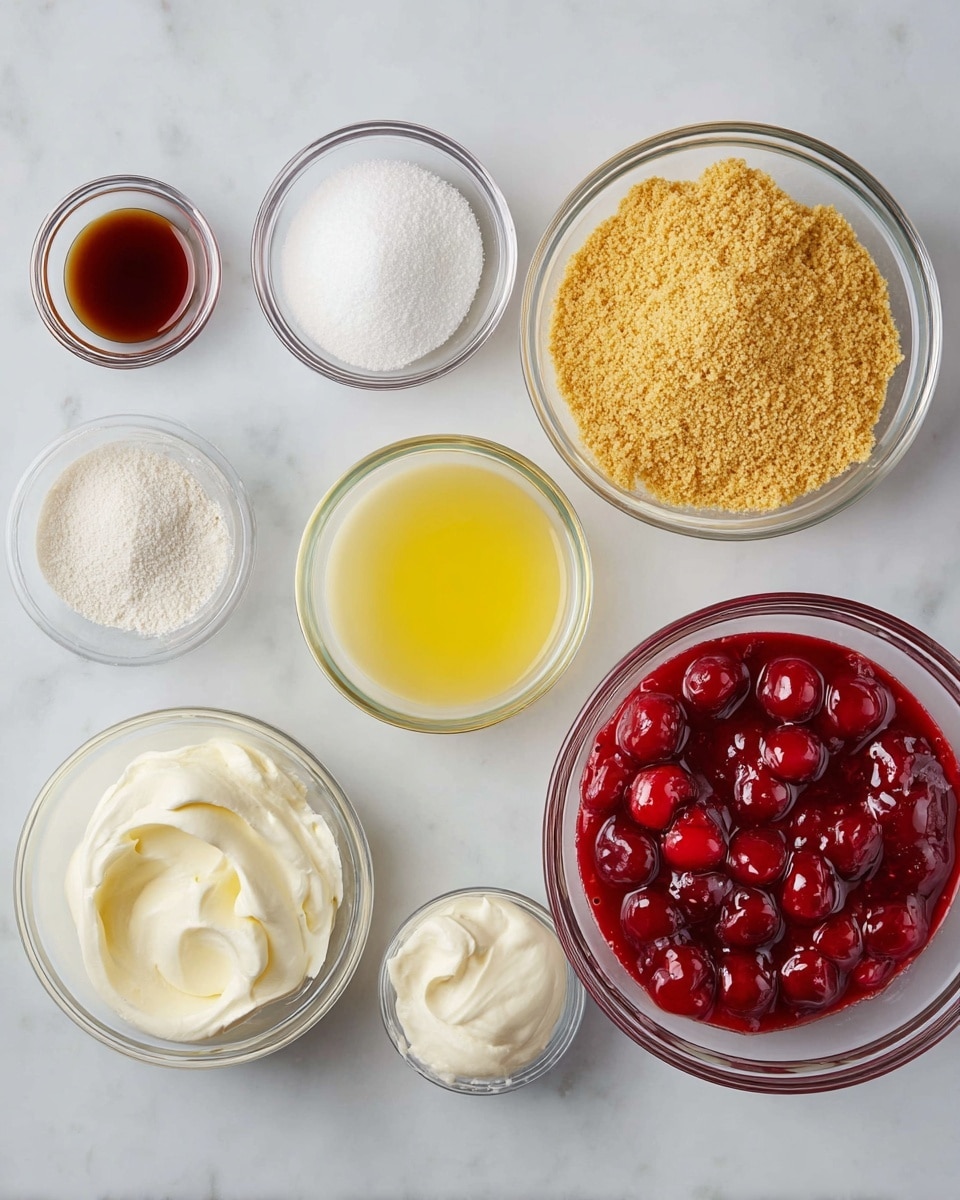 The image shows eight clear glass bowls arranged on a white marbled surface. Starting from the top left, a small bowl contains dark brown liquid, next to it a medium bowl has white granulated sugar. To the right, a large bowl is filled with golden yellow crushed graham crackers. Below the sugar, a large bowl contains a creamy white liquid, while a medium bowl to the right holds bright yellow melted butter. At the bottom left, a medium bowl has fine white powder, and next to it another medium bowl is filled with smooth cream cheese. On the far right, a large bowl is full of shiny red cherry pie filling with whole cherries. Photo taken with an iphone --ar 4:5 --v 7