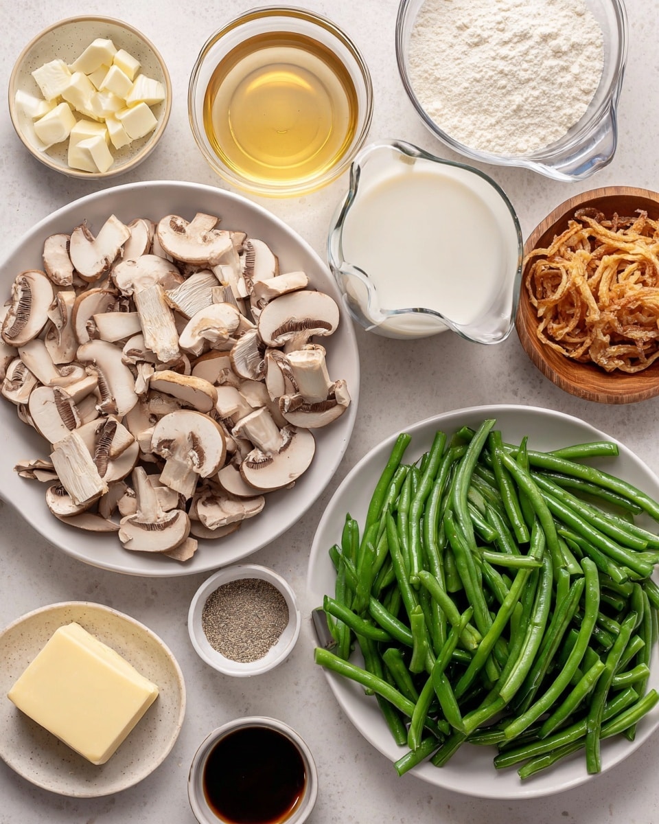 The image shows a white plate filled with bright green beans that have a fresh, slightly shiny texture on the right side. To the left, there is a white plate piled with sliced light brown mushrooms with visible gills. Surrounding these main plates are small containers of ingredients: at the top center, a small glass bowl of light golden broth and a glass measuring cup filled with white milk; below these are a small bowl of white flour, a small dish with black pepper and salt, and a small white dish with finely chopped garlic. At the bottom left, there is a small white dish with a stick of pale yellow butter, a small white bowl with dark soy sauce, and a small wooden bowl filled with crispy fried onions. All items are set on a white marbled surface. Photo taken with an iphone --ar 4:5 --v 7
