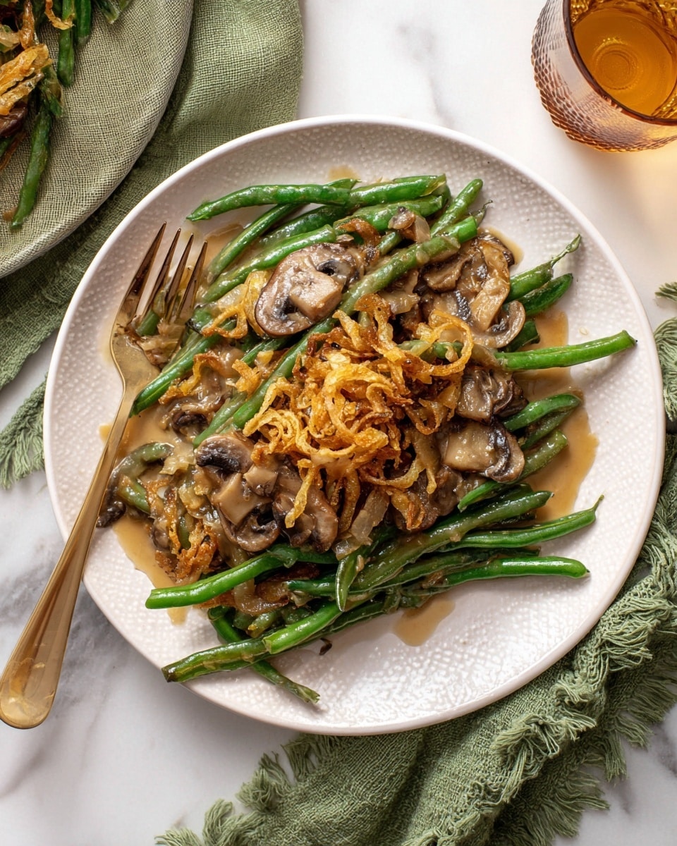 The dish on a white plate shows three main layers: at the bottom, bright green long green beans laid out flat; in the middle layer, brown sautéed sliced mushrooms scattered over the beans; on top, a sprinkling of golden crispy fried onions. The dish is covered lightly with a glossy, tan mushroom sauce that adds shine and small pools around the edges. A gold fork rests on the bottom left side of the plate, partially touching the green beans. The plate is placed on a white marbled surface, with a soft green cloth with frayed edges to the right and a glass with light amber liquid in the bottom left corner. Photo taken with an iphone --ar 4:5 --v 7