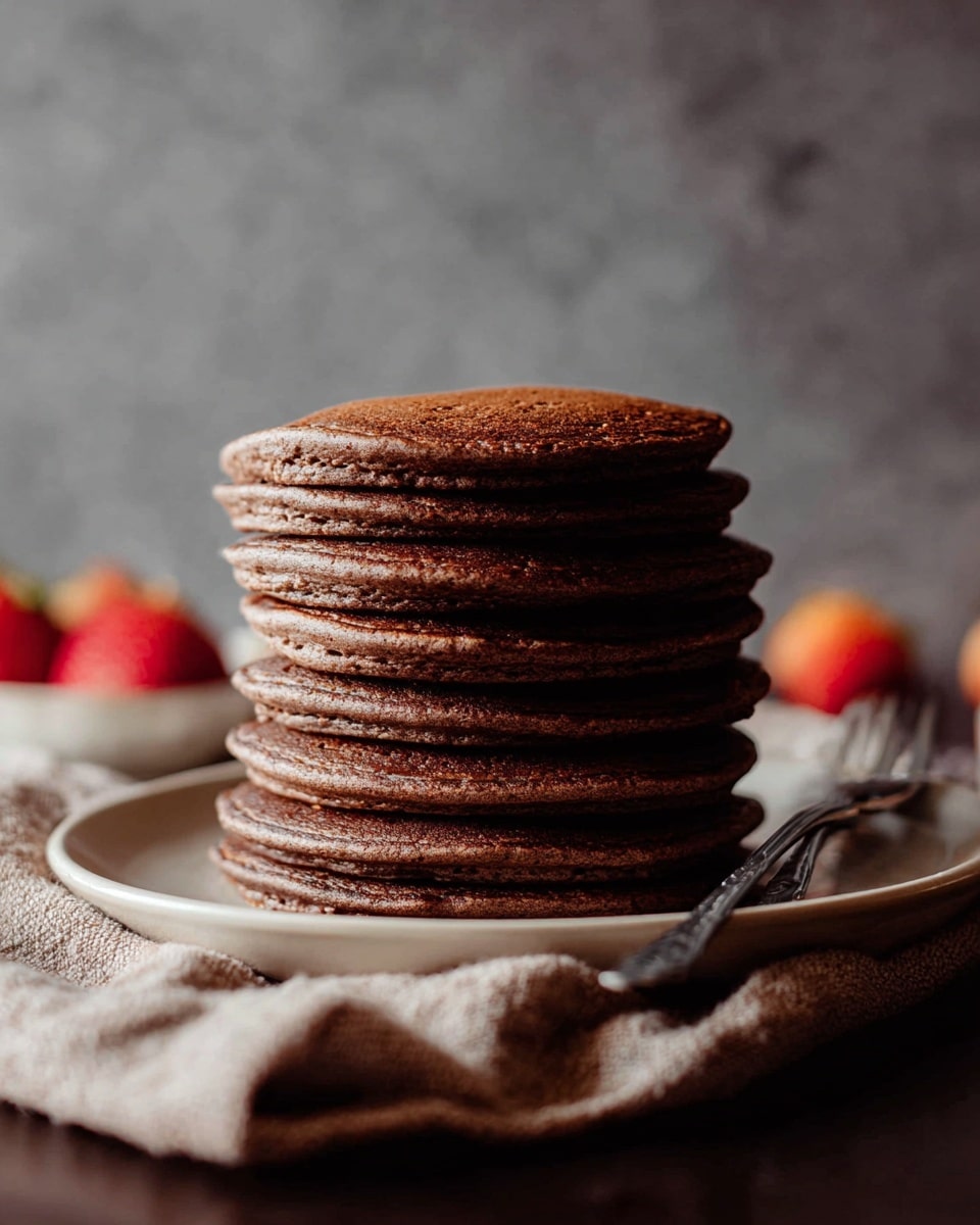 A stack of six thick, dark brown pancakes sits in the middle of a white plate. Each pancake shows soft, slightly uneven edges, giving them a fluffy texture. The stack is tall and dense, with subtle light spots on the top pancake highlighting its smooth surface. A silver fork rests on the right side of the plate, and the plate is set on a loosely folded, light brown cloth. The background is dark, with blurry red shapes that may be fruit, all placed on a white marbled textured surface. Photo taken with an iphone --ar 4:5 --v 7
