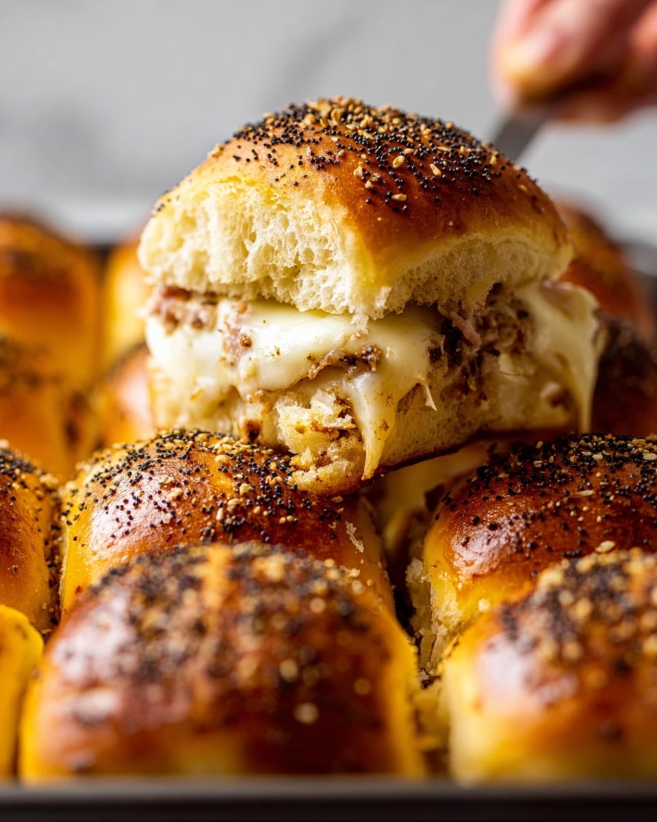 A close-up view of a shiny golden brown sandwich roll topped with black poppy seeds and a cross pattern on top, with melted white cheese and light cooked meat peeking out from the middle layer, held above other similar sandwiches still in a pan. The texture of the bread is soft with a slight crust, and the sandwiches sit on a white marbled surface that is blurred in the background. A woman's hand holding a utensil is raising one sandwich, showing the layers clearly. photo taken with an iphone --ar 4:5 --v 7