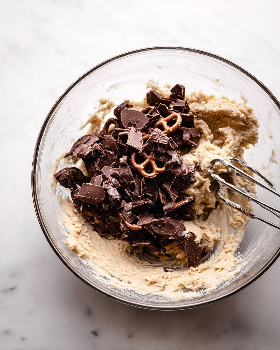 A clear glass bowl sits on a white marbled surface, filled with light beige cookie dough that has a soft, sticky texture. On top of the dough is a large pile of broken dark chocolate pretzels with a rough, glossy surface, scattered unevenly. A metal mixer beater is partially dipped in the dough on the right side inside the bowl. The scene has a clean and simple look. photo taken with an iphone --ar 4:5 --v 7