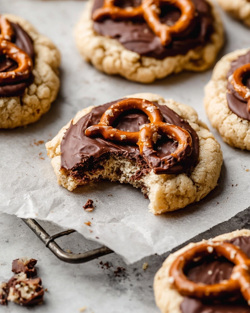 The image shows several cookies topped with chocolate-covered pretzels. Each cookie has one thick, lightly golden baked layer with a soft, crumbly texture and dark bits inside. On top of each cookie sits a whole chocolate-covered pretzel, dark brown with a smooth, glossy surface and a few grains of salt sprinkled over it. Around the cookies, there are some broken pieces of chocolate-covered pretzels scattered on a white marbled surface. The cookies rest on white parchment paper on a metal wire rack. The photo is bright and close up, highlighting the textures clearly. photo taken with an iphone --ar 4:5 --v 7