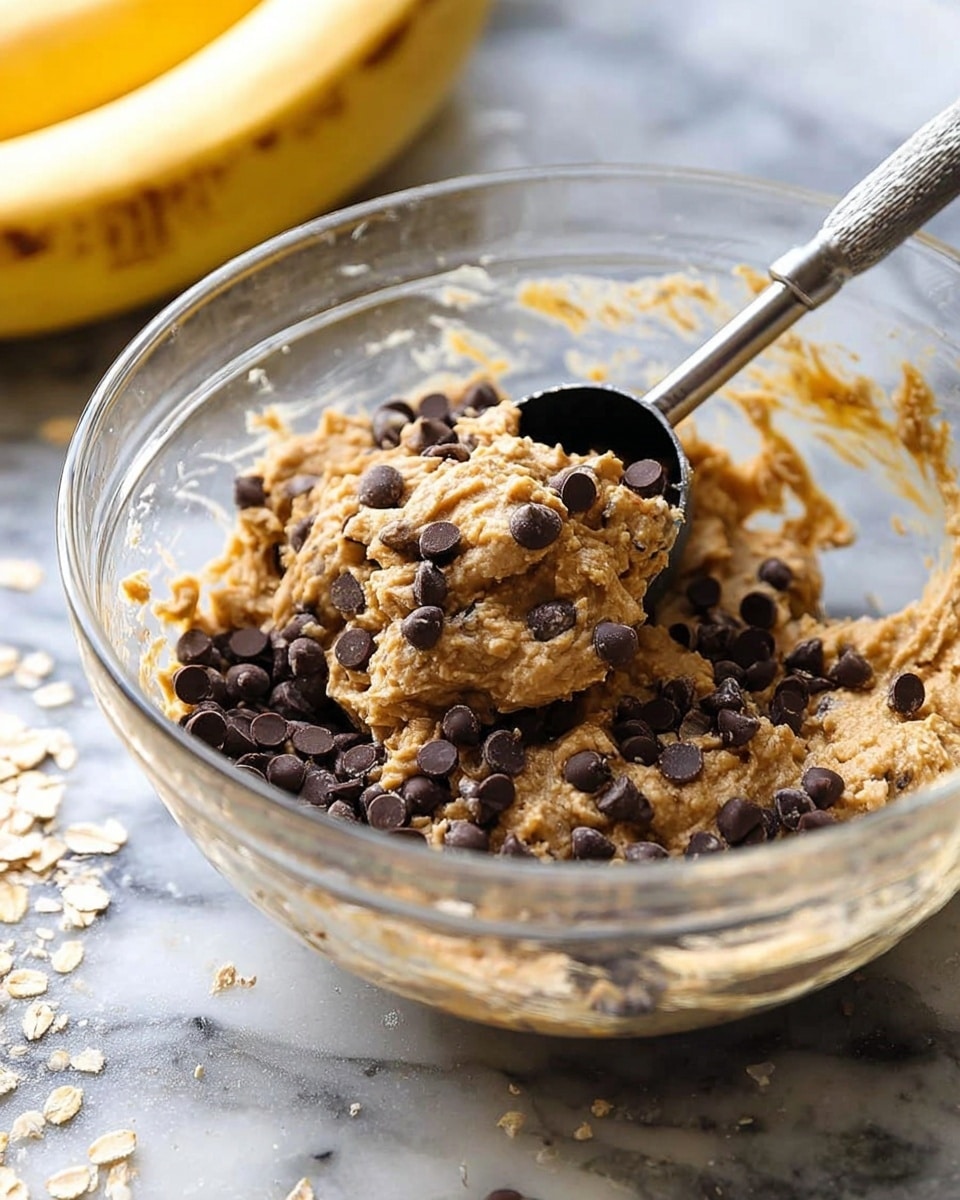 Three thick, round cookies sit on a small white plate with a smooth surface. The cookies are light brown with visible oats and have several dark chocolate chips spread on top. The cookies have a slightly rough texture with a soft, crumbly look. In the background, there is a white baking tray with one more cookie and a white cup with a dark drink. The scene is set on a white marbled surface with a soft, striped cloth partially visible on the left. Photo taken with an iphone --ar 4:5 --v 7