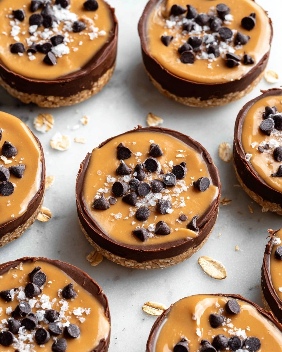 A stack of four round oat and peanut butter treats sits on a white marbled surface, each treat made of three visible layers. The bottom layer is a light beige oat mixture, rough and textured. Above this is a thick, smooth dark chocolate layer that partly covers the oats. The top layer is a creamy, light brown peanut butter spread, dotted with small dark chocolate chips and some sprinkles of salt. A few oats are scattered around the stack on the surface. In the background, blurred similar treats can be seen. photo taken with an iphone --ar 4:5 --v 7