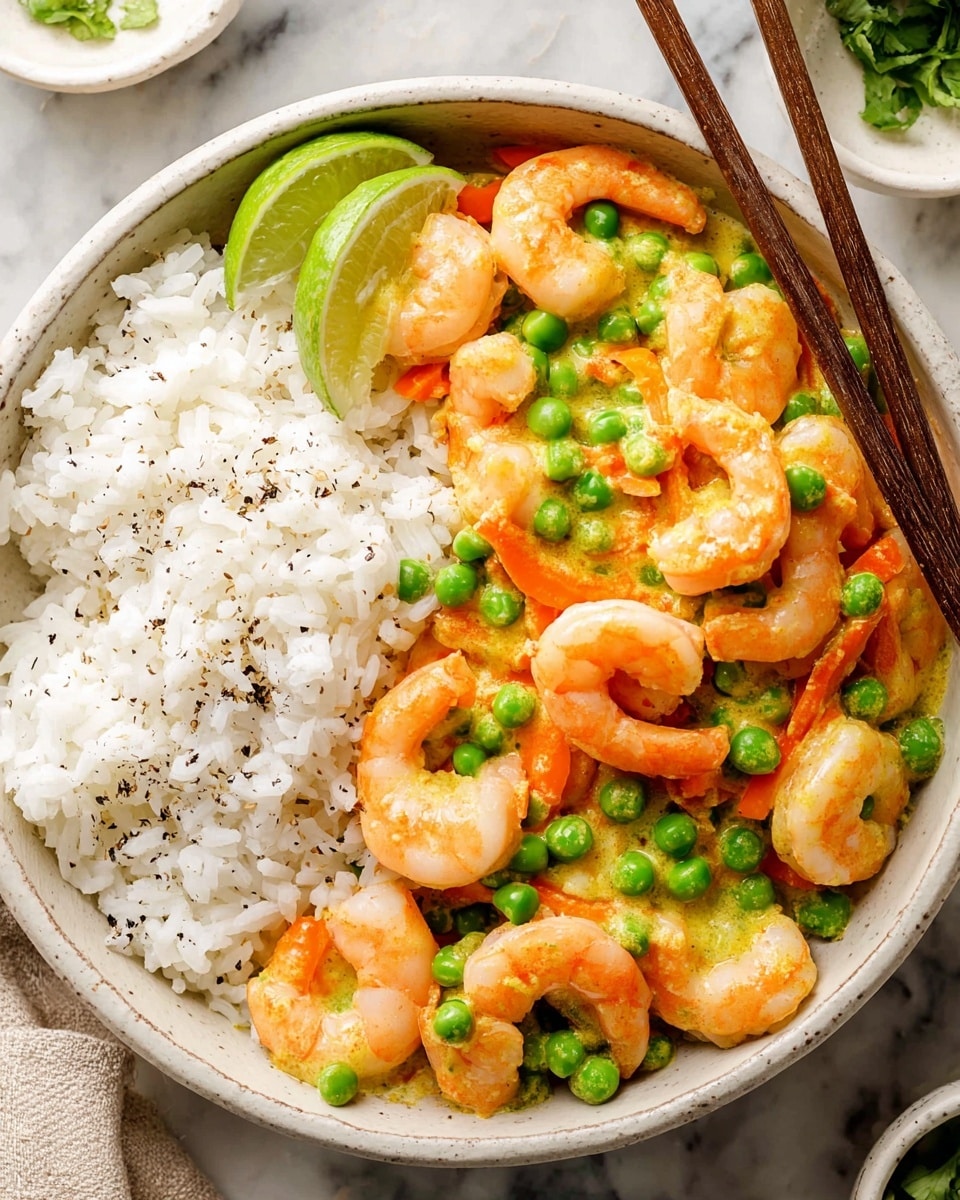 A white bowl is filled with two main layers: on the left side is a layer of white rice with a fluffy texture and some black pepper sprinkled on top, and on the right side is a mix of pink shrimp, bright green peas, and thin orange carrot strips, all covered in a light yellow creamy sauce with visible black pepper flakes. There is a small wedge of lime tucked into the shrimp and vegetable mix. A pair of brown chopsticks rests on the edge of the bowl, and the setting is a white marbled surface with small white bowls partially visible around the main dish. photo taken with an iphone --ar 4:5 --v 7