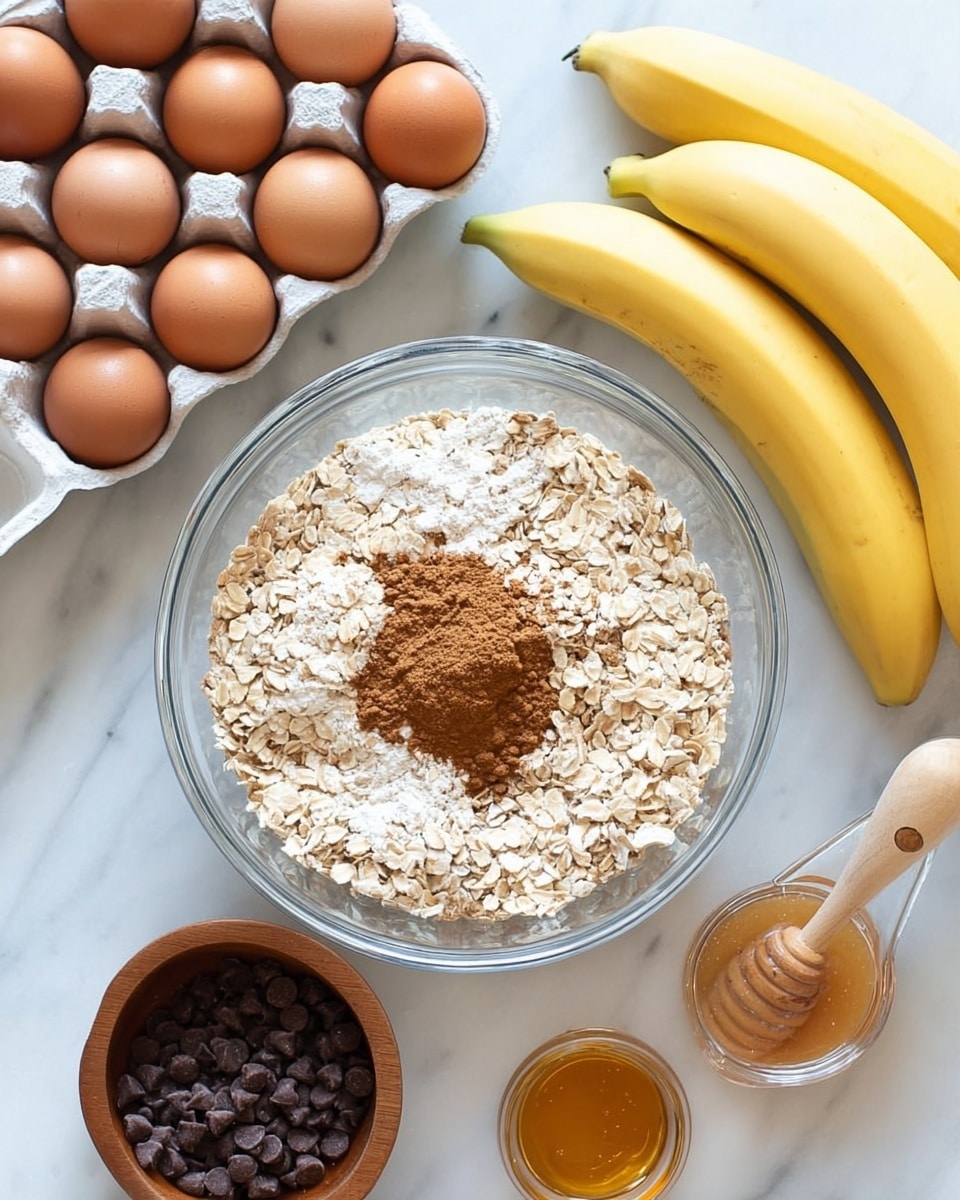 A clear glass bowl filled with a mixture of light brown rolled oats, white flour, and a small mound of brown cinnamon powder layered on top, sitting on a white marbled surface. To the left, a white egg carton holds several brown eggs neatly arranged. To the right of the bowl, two yellow bananas rest on the surface. Below the bowl is a small wooden bowl filled with dark brown chocolate chips. Near the bananas, a white measuring cup with a wooden handle contains light brown peanut butter, and a small clear jar with golden honey is also visible. Photo taken with an iphone --ar 4:5 --v 7
