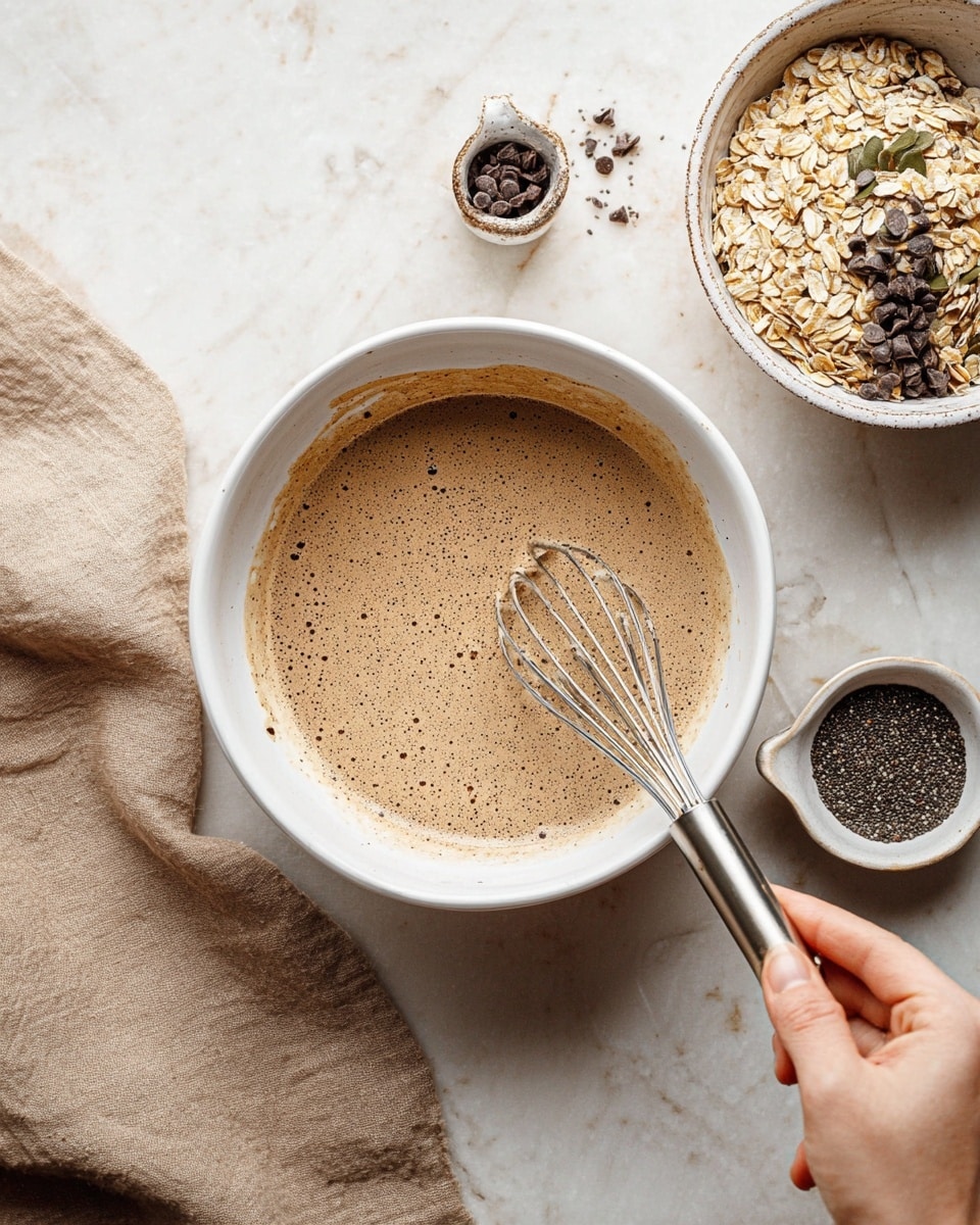 A large white bowl with a thick, brown batter inside, mixed with visible oatmeal pieces and small dark chocolate chips scattered on top. A wooden spoon is resting inside the bowl on the right side, partially covered in the mixture. Around the bowl, there is a beige cloth on the left, a small white bowl with more dark chocolate chips at the top, a part of another bowl with white creamy substance on the right, and two clear glasses at the bottom right, all placed on a white marbled surface. Photo taken with an iphone --ar 4:5 --v 7