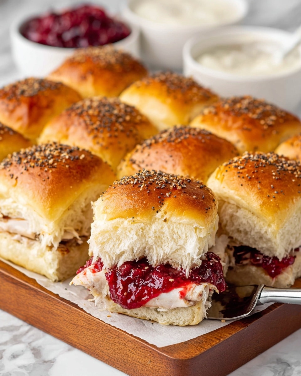 The image shows a group of nine golden brown sliders arranged in a grid on a wooden board lined with white parchment paper. Each slider has a shiny, soft white bun top sprinkled with black poppy seeds and bits of crispy brown seasoning. One slider is pulled out slightly with a metal spatula, revealing three visible layers inside: the bottom bun, a thick layer of light cream color meat, likely cooked turkey, topped with a bright red glossy cranberry sauce, and the top bun. In the background, there are two white bowls, one filled with white sauce and the other with more cranberry sauce, all set on a white marbled surface. The scene is focused on the sliders with a close-up view showing texture details. Photo taken with an iphone --ar 4:5 --v 7