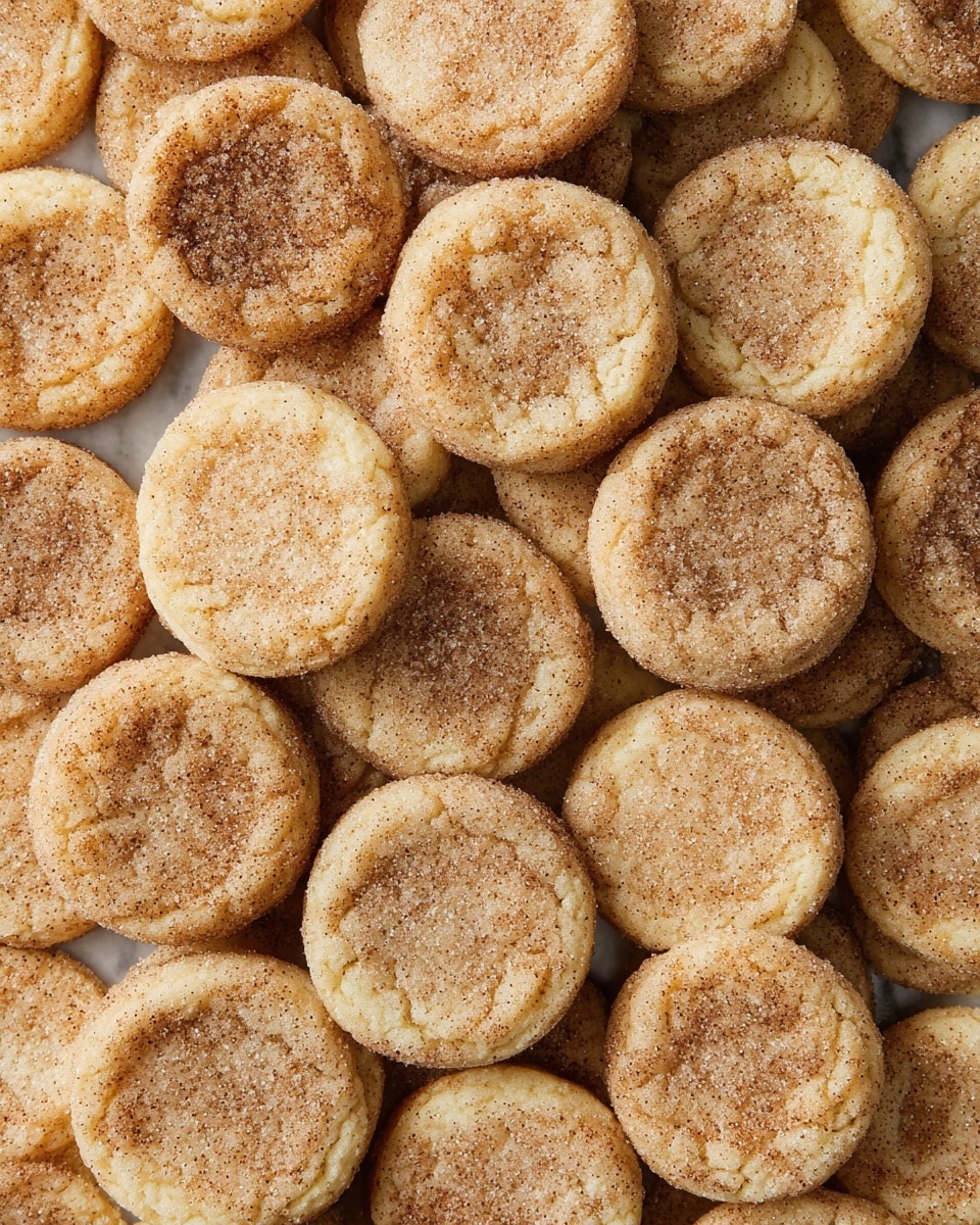 A close-up view of many small, round cookies tightly packed together, each about one layer thick. The cookies have a light golden color with a rough texture and a slightly darker, soft center that looks like a mix of cinnamon and sugar. The tops are sprinkled with fine sugar crystals that give a slightly sparkling effect. The cookies are on a white marbled surface, filling the entire frame. photo taken with an iphone --ar 4:5 --v 7