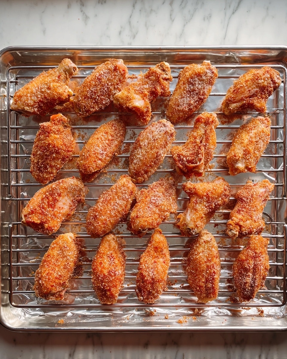 The image shows a metal wire rack placed on a baking tray covered with foil, holding three rows of raw chicken wings evenly spaced. Each wing is coated with a reddish-brown dry seasoning, speckled with white granules, giving a textured appearance. The metal wire rack has a shiny silver look, and the baking tray edges are visible. The tray rests on a white marbled surface. photo taken with an iphone --ar 4:5 --v 7