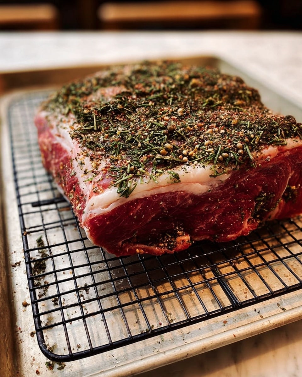 A thick piece of raw beef roast with a layer of pale fat on top is placed on a black wire rack over a metal baking sheet. The top layer is covered with mixed dried herbs and seasoning, while the bottom side has a thick coating of green chopped herbs and garlic mixture. The roast has a deep red color showing beneath the seasonings. The setup is on a white marbled surface. photo taken with an iphone --ar 4:5 --v 7