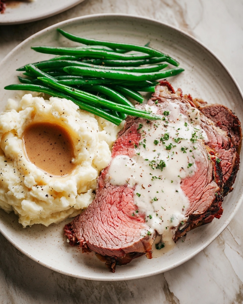 The left side shows a large piece of cooked roast beef on a wooden board, with a dark brown crust and a visible pink center. A knife and a two-prong fork held by woman's hands are slicing the meat. The right side displays a white plate with three layers: on the right is a mound of mashed potatoes topped with brown gravy and black pepper, on the left is a thick slice of roast beef with a wide outer layer of fat, and at the top are green beans. A woman's hand is spooning white sauce with herbs onto the slice of beef. The background has a white marbled texture. Photo taken with an iphone --ar 4:5 --v 7