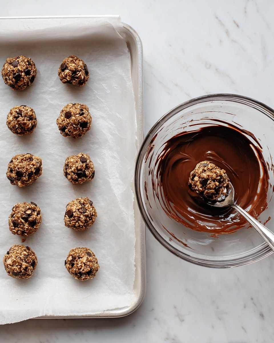 On the left side, there is a white baking tray lined with white parchment paper holding eighteen small, round balls of a brown oat and chocolate chip mixture arranged in neat rows, each ball textured with visible oats and small dark chocolate chips. On the right, there is a clear glass bowl filled with smooth, dark brown melted chocolate. A silver spoon rests in the bowl, holding one of the oat balls partially coated in the chocolate, with streaks of chocolate clinging to the sides of the bowl. The background is a white marbled surface. photo taken with an iphone --ar 4:5 --v 7