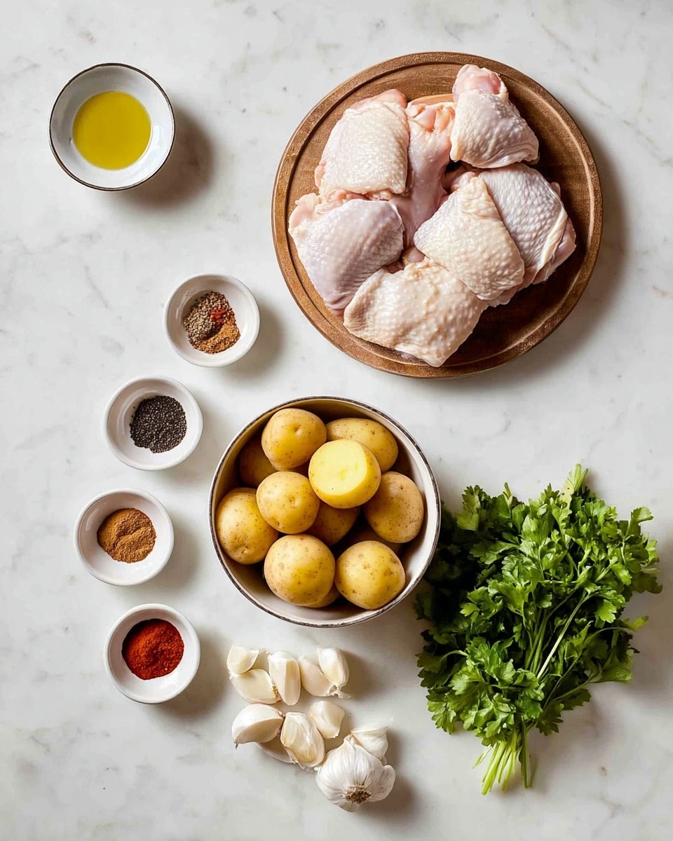 The image shows a white bowl filled with raw chicken pieces placed on a wooden round board at the top right. Below it, a white bowl is filled with small yellow potatoes, some whole and some cut in half, showing their smooth inner texture. Surrounding these are small white bowls containing various spices with different colors – light brown, dark brown, black, reddish-orange – arranged in a semi-circle pattern. There is a small white bowl filled with a golden liquid (likely oil) to the upper left. At the bottom right, several peeled garlic cloves and a bunch of fresh green parsley lay on a white marbled surface. Photo taken with an iphone --ar 4:5 --v 7