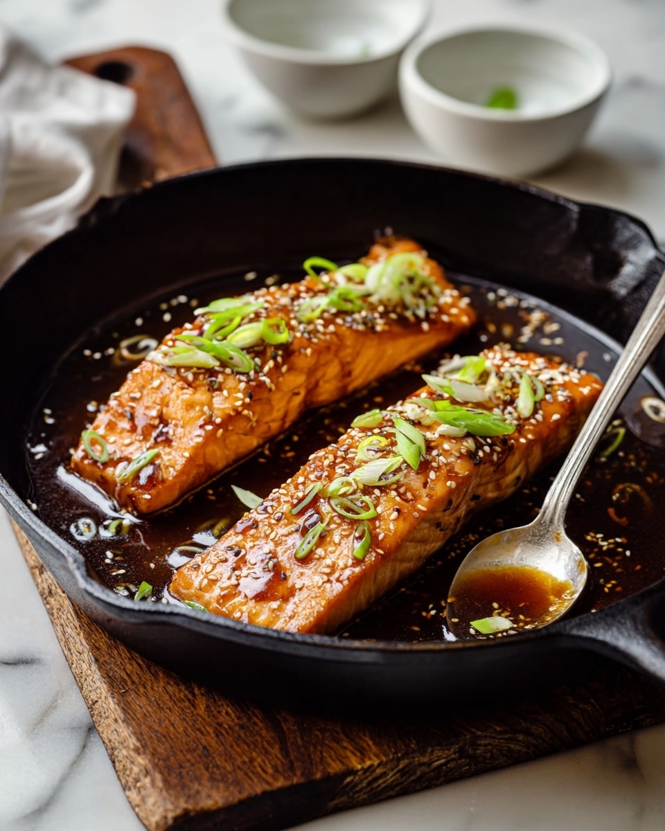 Two cooked salmon fillets sit side by side in a black cast iron pan, each topped with a shiny, dark brown sauce that glistens under the light. The salmon’s surface shows a lightly seared, flaky texture in a soft orange color. Scattered across the fillets are white sesame seeds and thinly sliced light green onions that add a fresh contrast. A silver spoon rests on the pan’s edge, partially submerged in the sauce. The pan is placed on a worn wooden board over a white marbled surface, with two small white bowls blurred in the background. photo taken with an iphone --ar 4:5 --v 7