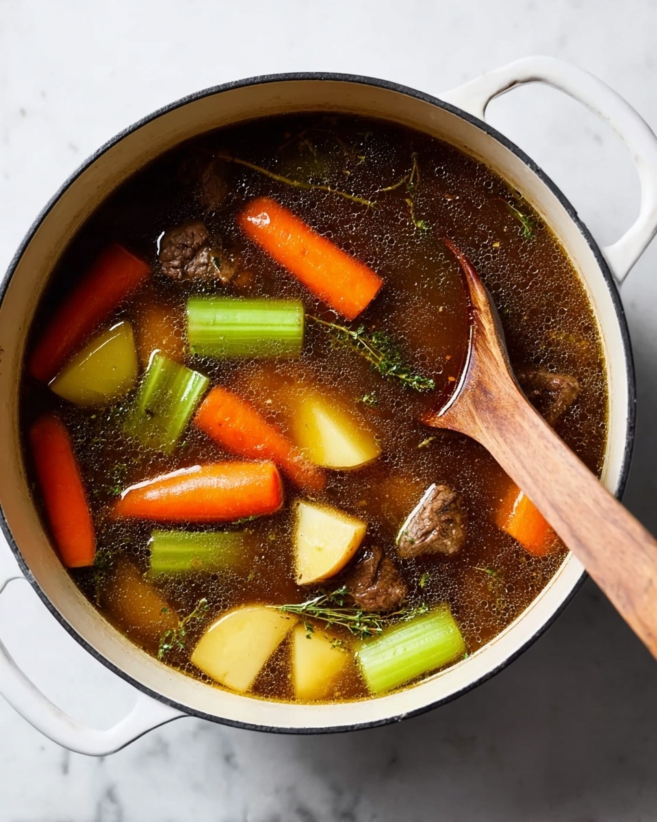 A white pot filled with a broth that has a dark brown color with tiny black specks, floating with thick slices of bright orange carrots and pale green celery pieces. There are also chunks of yellow potatoes and some pieces of browned meat. A wooden spoon is resting inside the pot on the right side. The pot is placed on a white marbled surface. photo taken with an iphone --ar 4:5 --v 7
