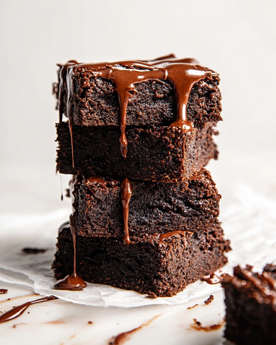 There are nine dark brown brownies arranged in a 3x3 grid on crumpled white paper over a white marbled surface. Each brownie has a rough, slightly cracked texture and is drizzled with smooth, shiny milk chocolate sauce that creates thin lines and some larger blobs on top. There are also small milk chocolate chips scattered across the surface of the brownies. The chocolate drizzle extends beyond the brownies onto the paper, adding a casual, messy look. photo taken with an iphone --ar 4:5 --v 7
