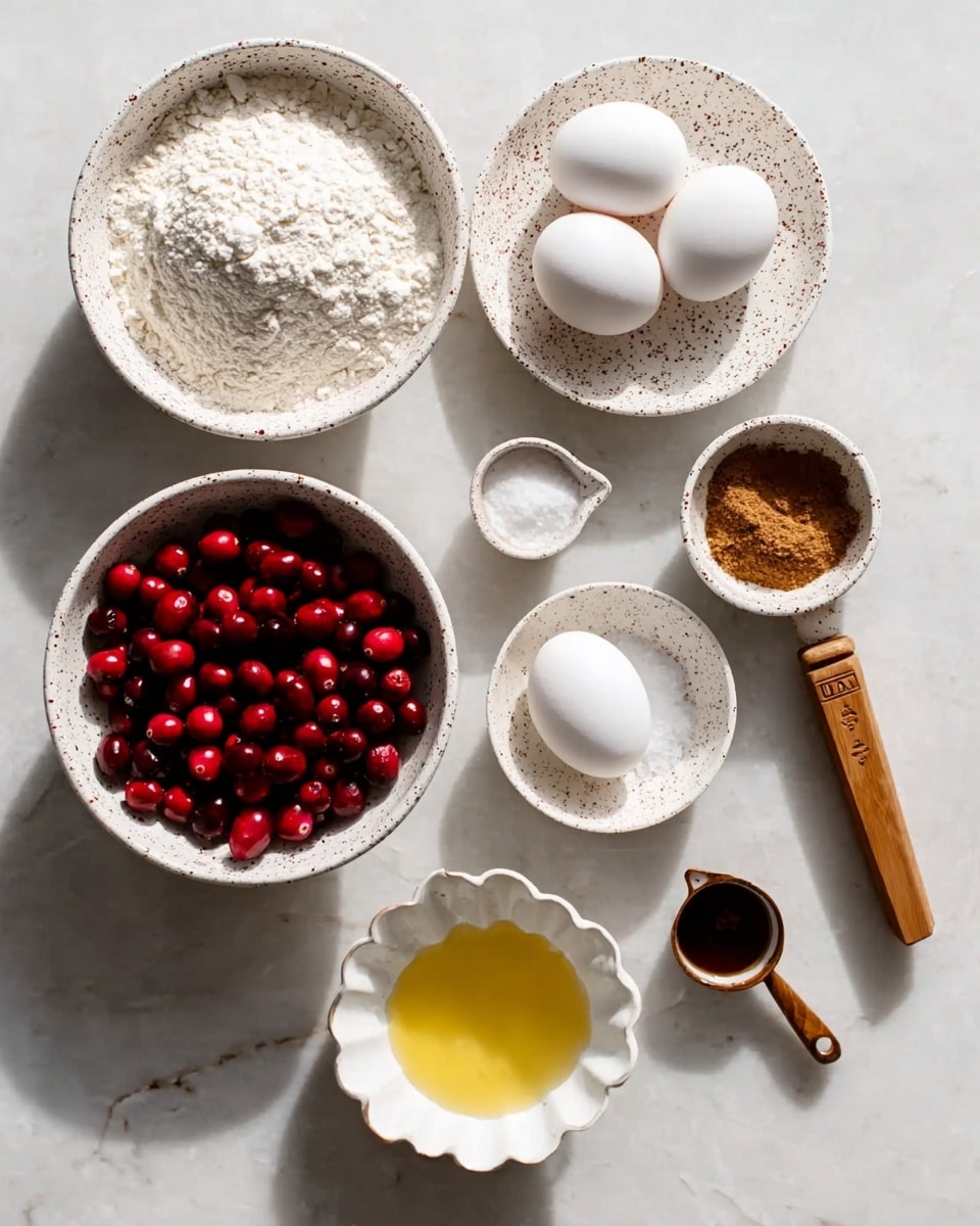 The image shows a white marbled surface with eight bowls and measuring cups arranged in a loose grid. Two white speckled ceramic bowls hold white flour and fresh red cranberries. A white speckled plate holds two whole white eggs. A white small bowl contains a white powder. A small wooden-handled metal measuring cup holds brown sugar, and another similar measuring cup has white liquid, possibly milk. A tiny wooden-handled scoop contains a dark liquid, likely vanilla extract. A white scalloped bowl at the bottom contains a golden yellow liquid, likely melted butter or oil. The scene is bright and neat with soft natural light. Photo taken with an iphone --ar 4:5 --v 7