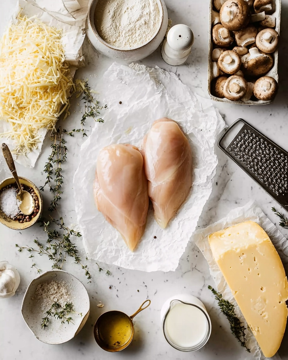 Two raw chicken breasts are placed on a crumpled white paper in the center of the image, resting on a white marbled surface. Around them are various ingredients: a wedge of pale yellow cheese on a metal grater with shredded cheese scattered nearby, a small white bowl of flour, a bowl of coarse salt, a clear pepper grinder, three cloves of garlic, a box of light brown mushrooms, a stack of soft yellow butter on crumpled paper, fresh green thyme sprigs, a cup of white cream, and a small brass measuring cup of golden oil. The scene is light and natural, showing textures from smooth chicken skin to rough herbs and powdery flour. photo taken with an iphone --ar 4:5 --v 7