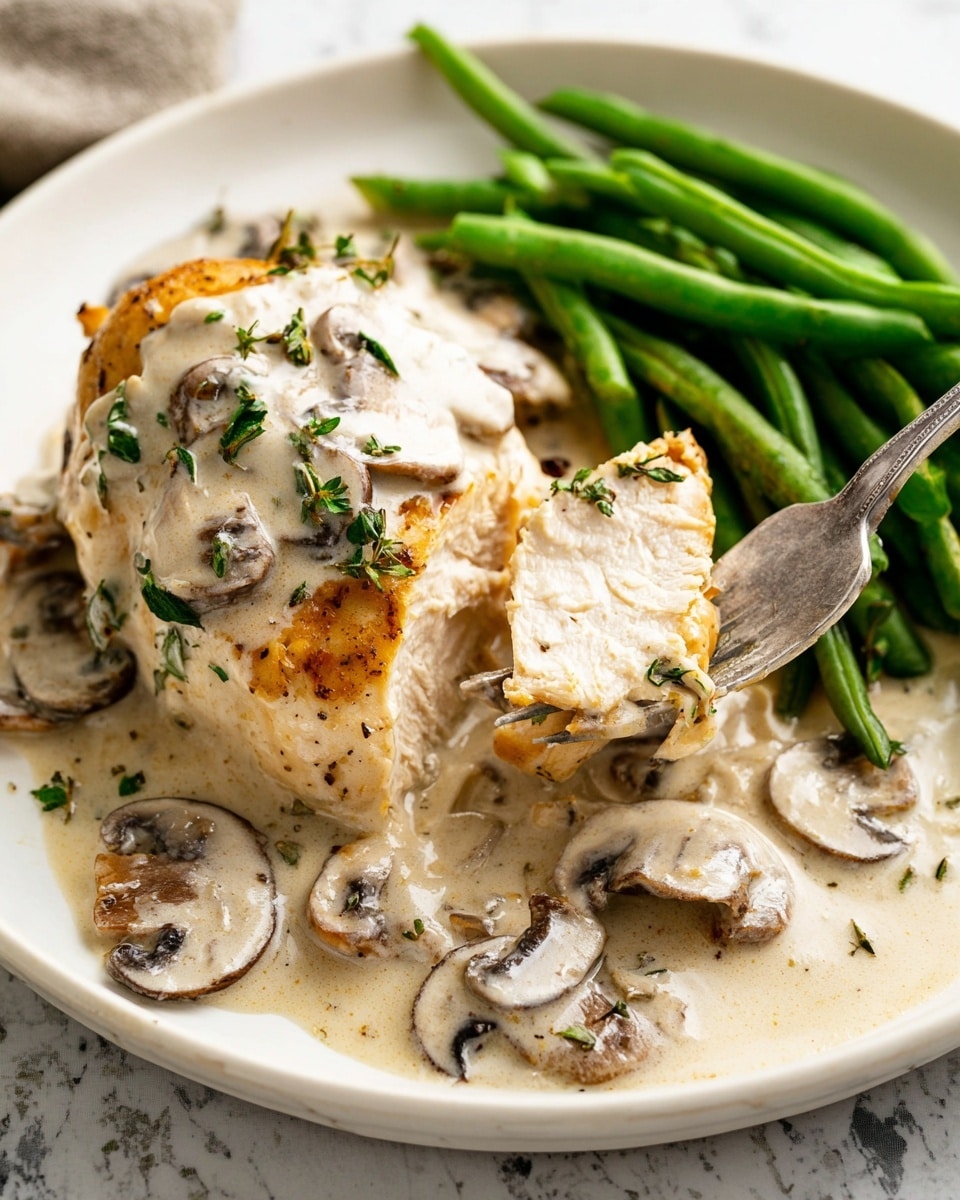 A white plate with two pieces of cooked chicken layered with a creamy light beige sauce with sliced mushrooms. One piece is held by a silver fork, showing the soft inner texture of the chicken with green herbs on top. To the side, there is a bundle of bright green cooked green beans. The background is a white marbled texture. Photo taken with an iphone --ar 4:5 --v 7